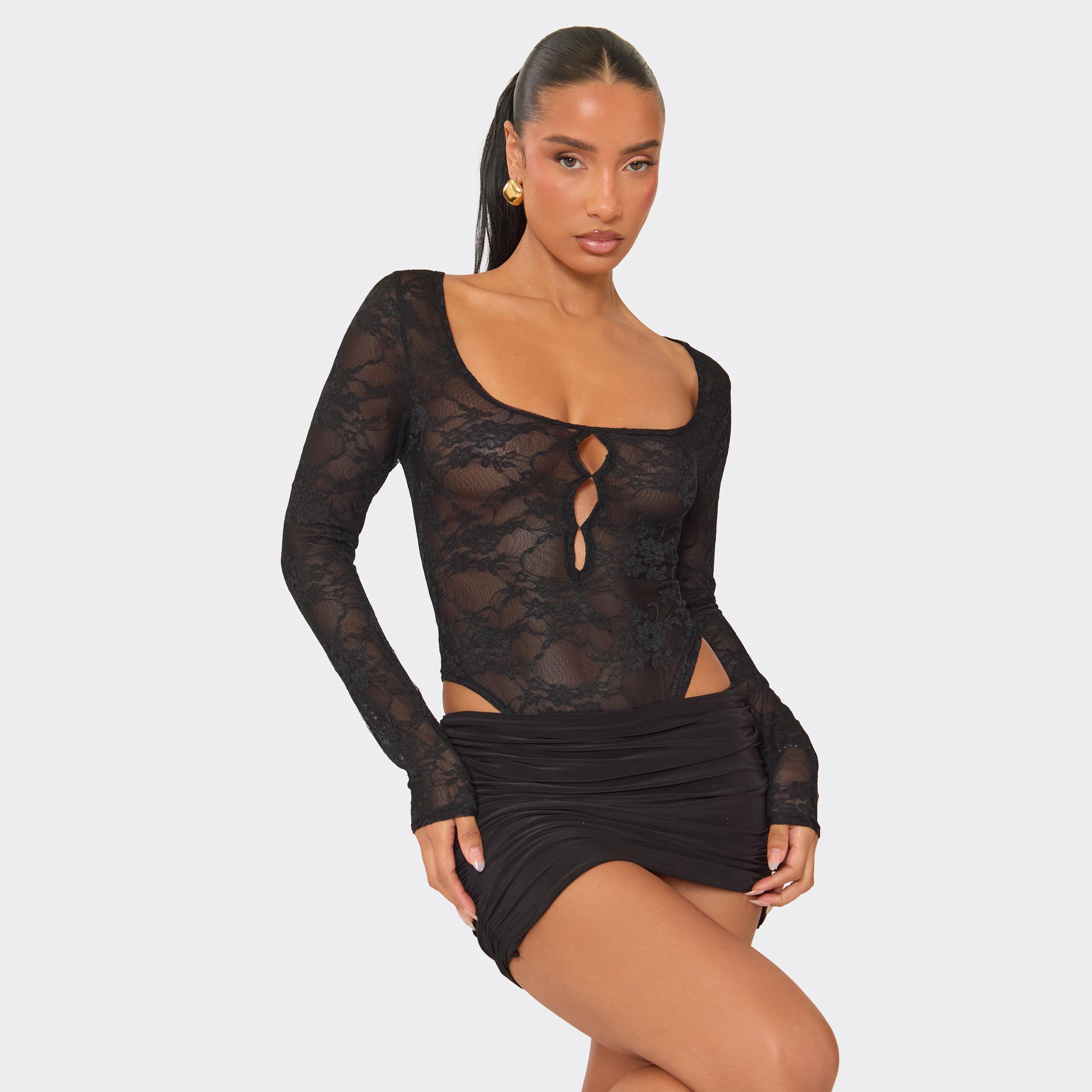 Scoop Neck Thong Cut Out Detail Bodysuit In Black Lace, Women's Size UK 8