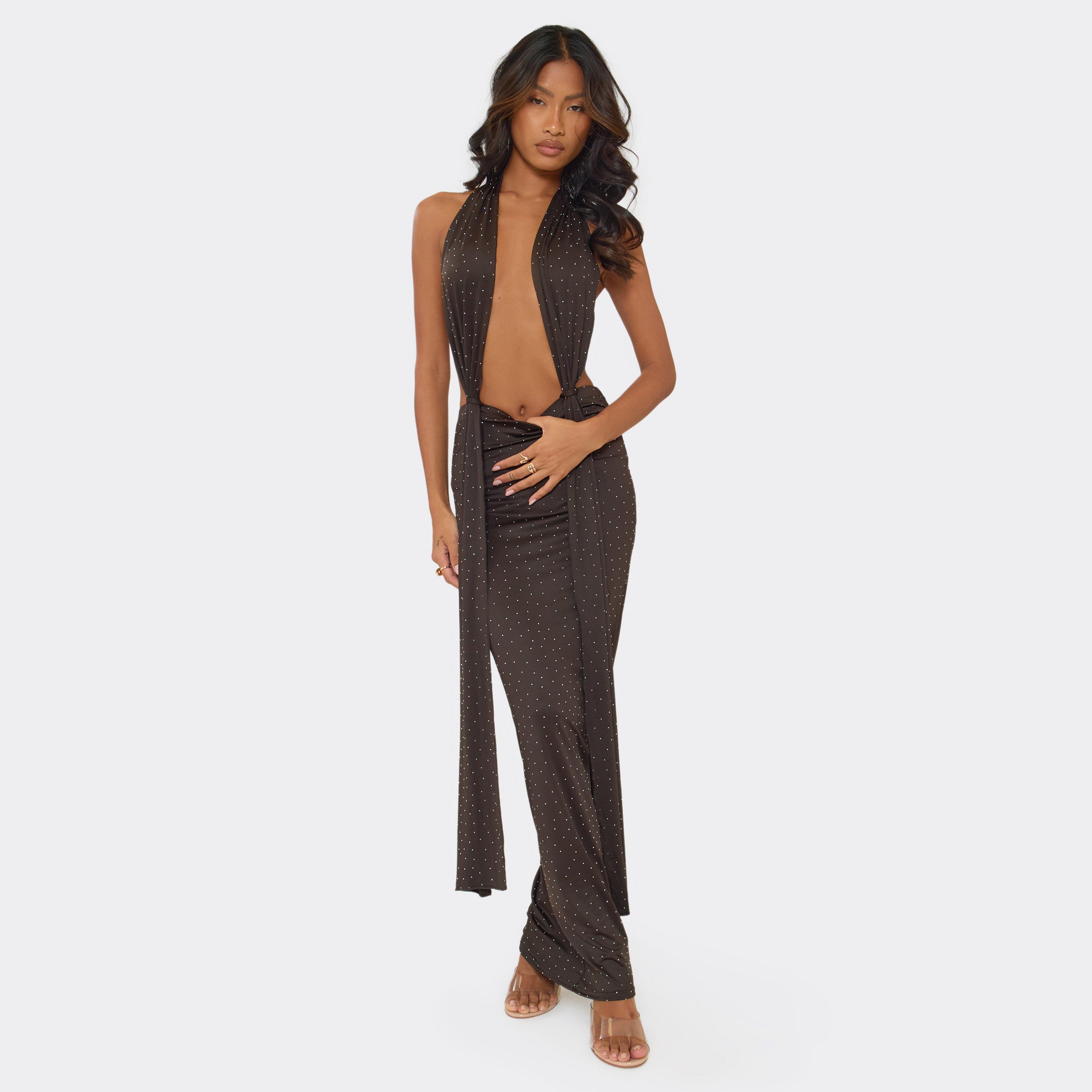 Halterneck Plunge Knot Detail Maxi Dress In Chocolate Brown, Women's Size UK 12