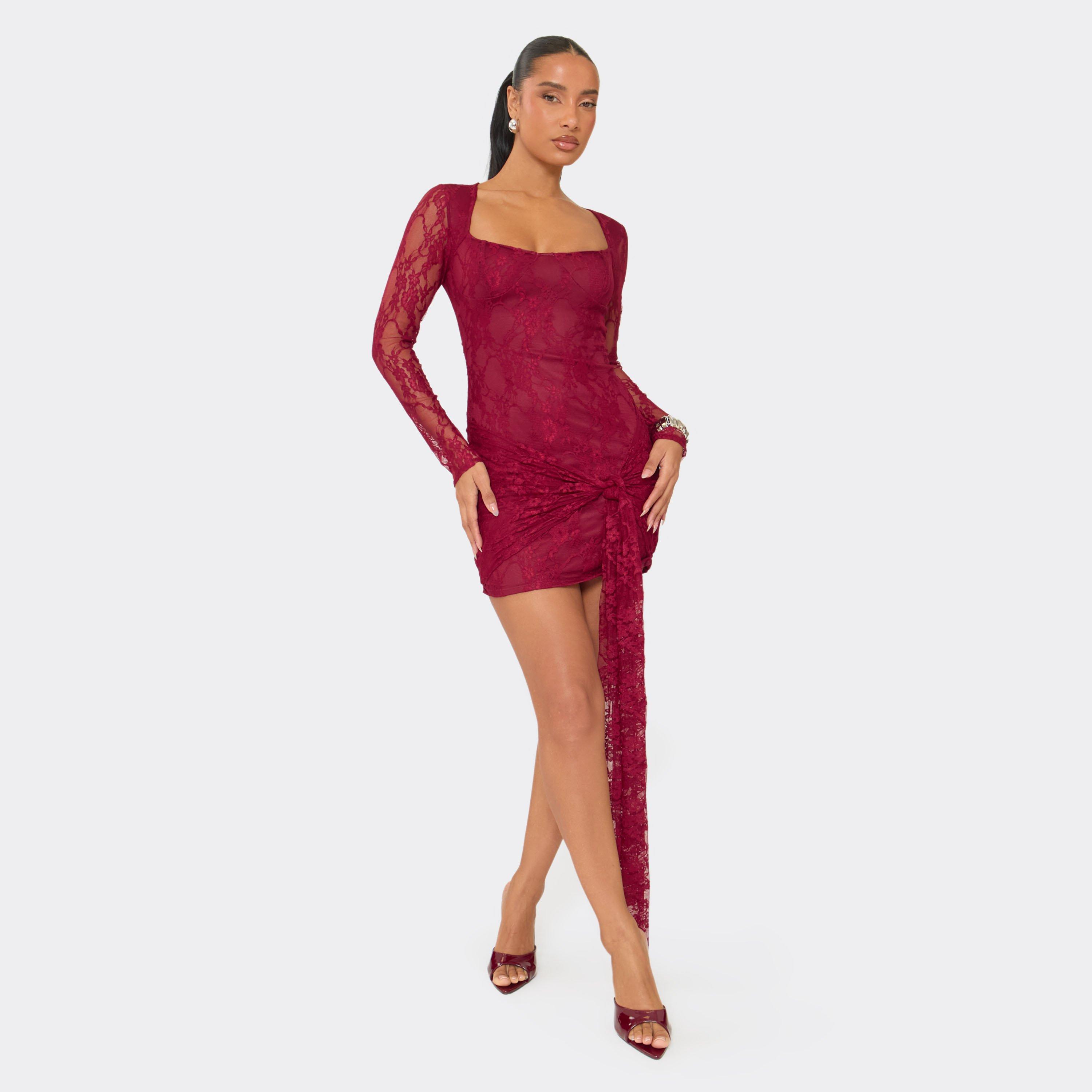 Long Sleeve Square Neck Tie Drape Detail Mini Dress In Burgundy Lace, Women's Size UK 6