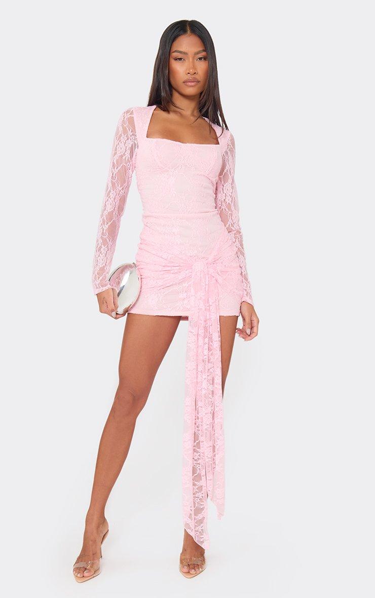 sleeve pink dress Primrose Pastel Gown Teuta Matoshi The fitted Long Sleeve Square Neck Tie