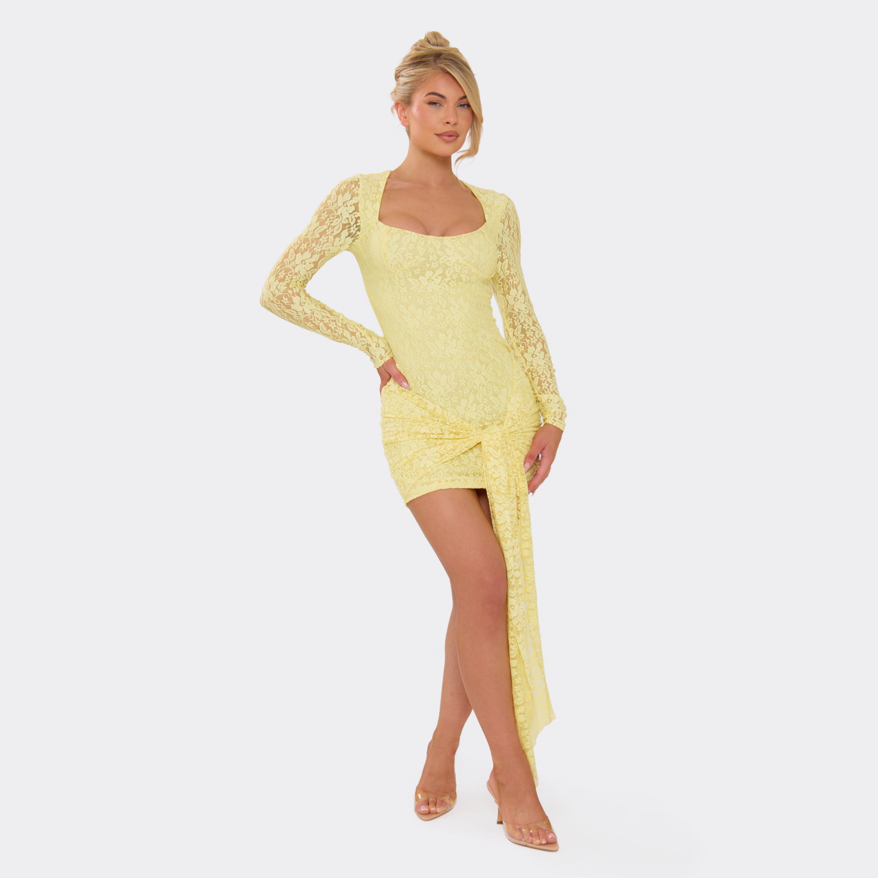 Long Sleeve Square Neck Tie Drape Detail Mini Dress In Lemon Lace, Women’s