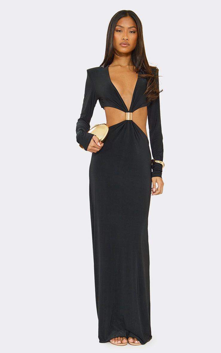 long black sleeve maxi dress Square Neck Ruched Double Slit Small Hand Wash Cold Long Sleeve Backless Buckle Maxi
