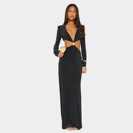 Long Sleeve Shoulder Pad Cut Out Trim Detail Maxi Dress In Black, Women's Size US