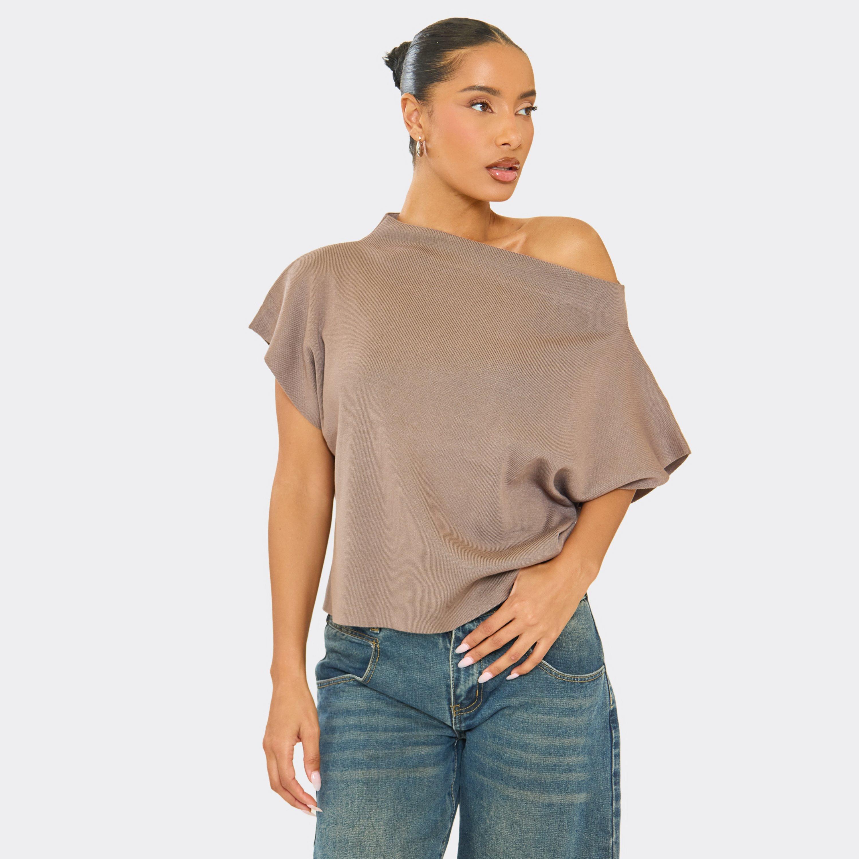 Image of Off The Shoulder Cape Sleeve Top In Taupe Soft Knit, Women's Size UK M/L