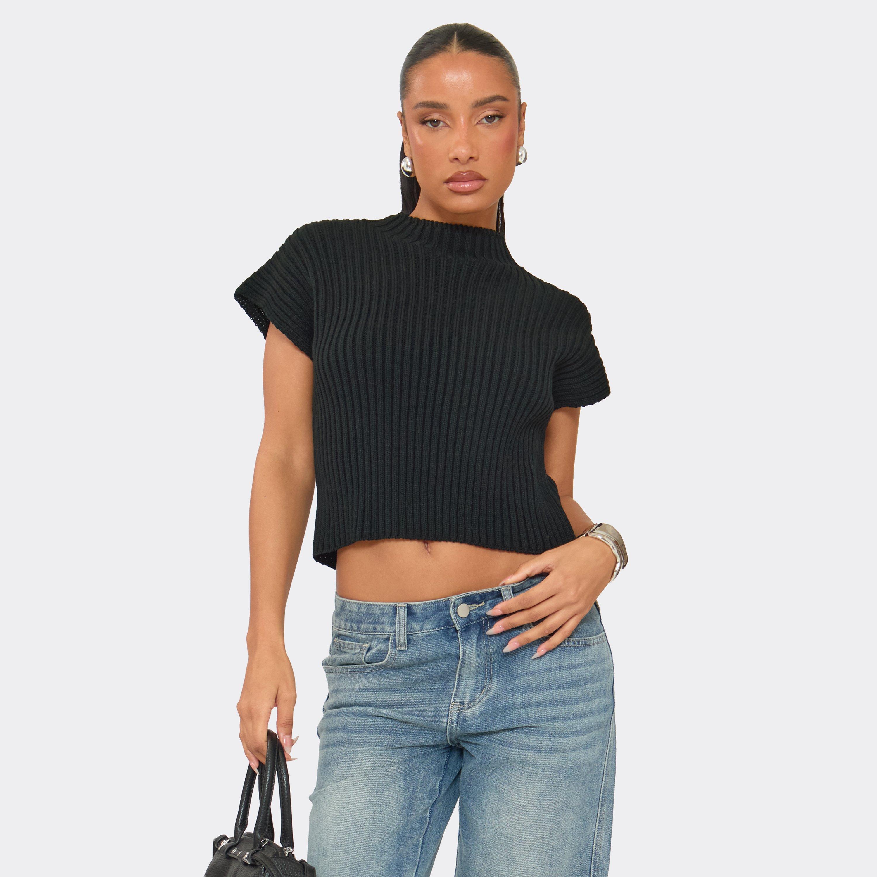 High Neck Short Sleeve Top In Black Rib Knit, Women's Size UK L