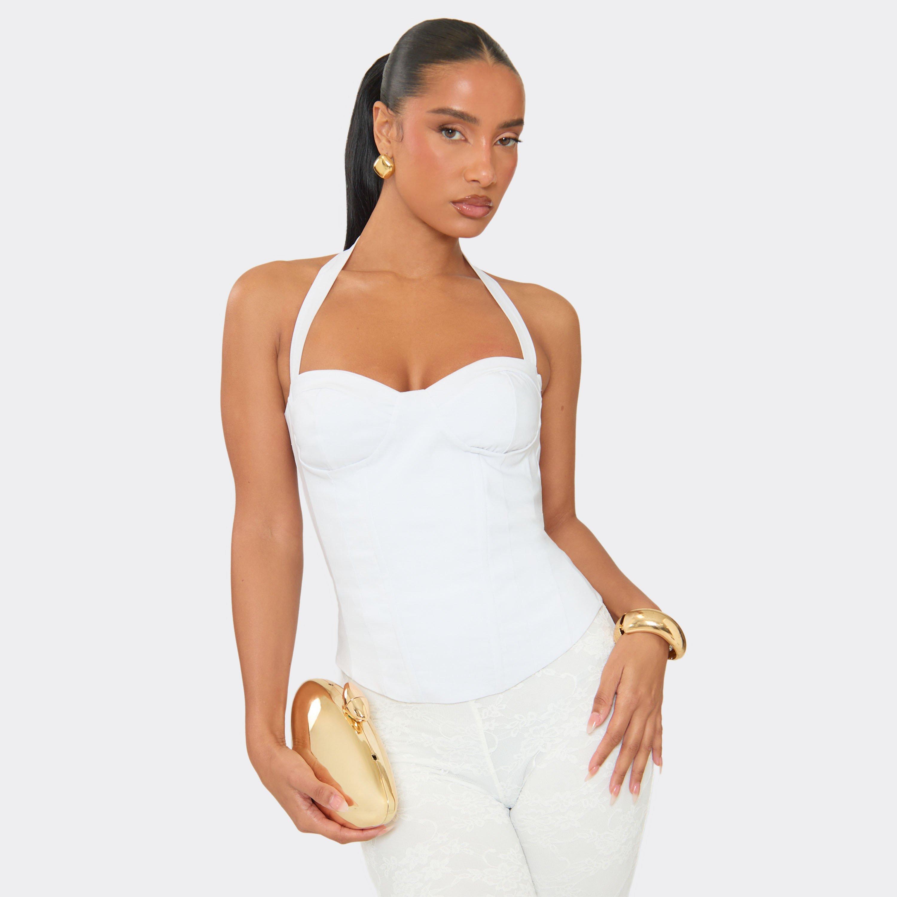 Halter Neck Corset Top In White, Women's Size UK 16