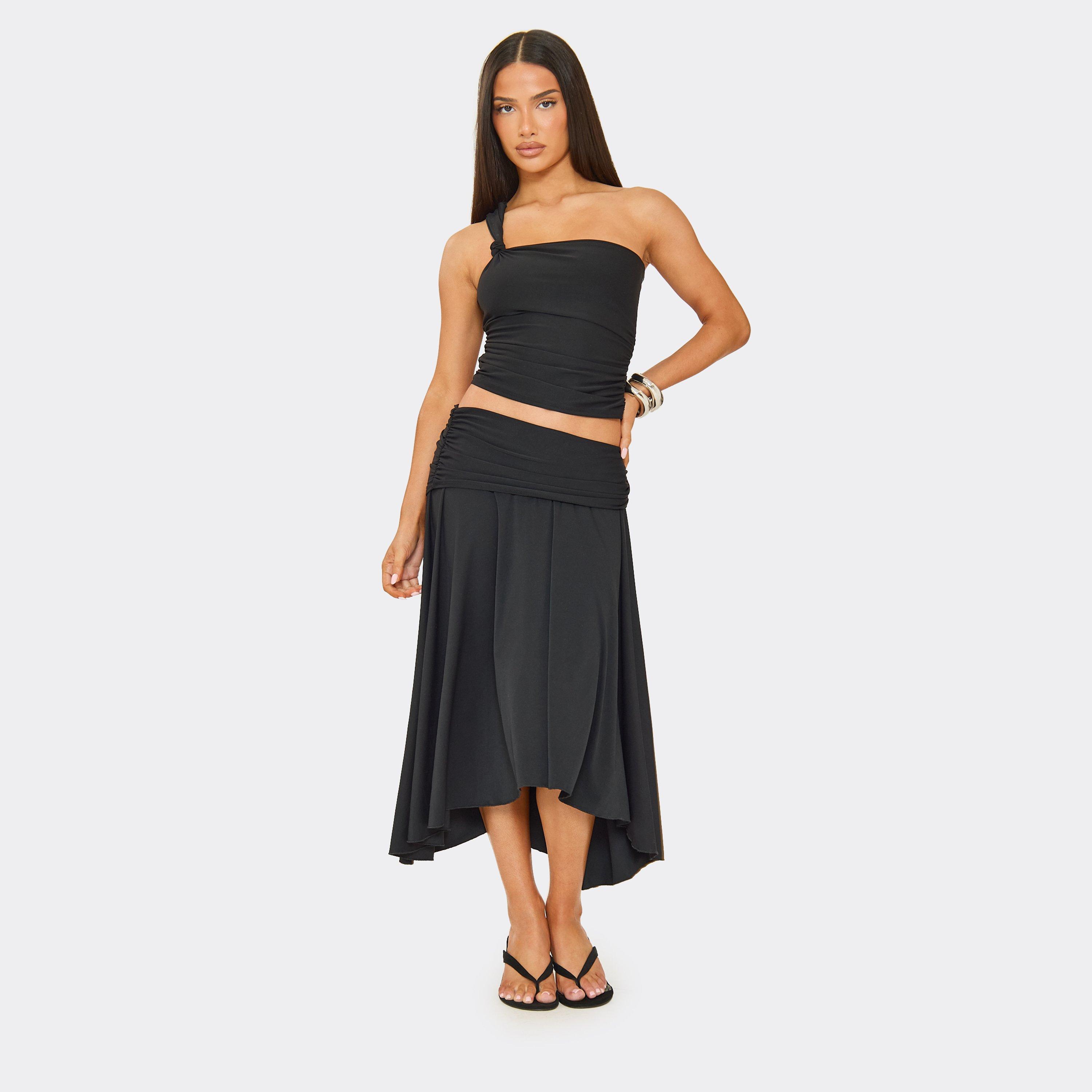 Mid Rise Pleated Detail Midi Skirt In Black, Women's Size UK 14
