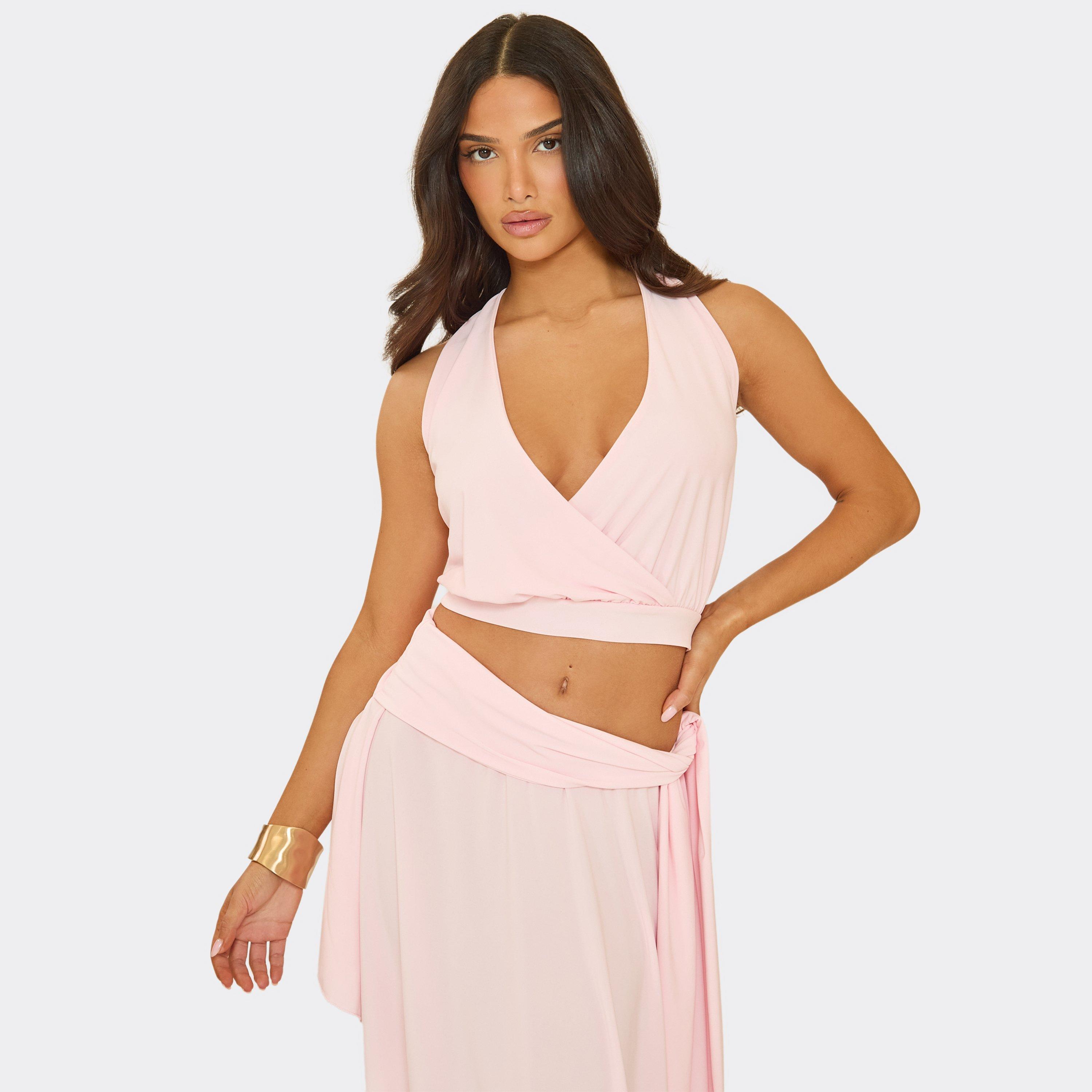 Image of V Halter Neck Slouchy Crop Top In Baby Pink, Women's