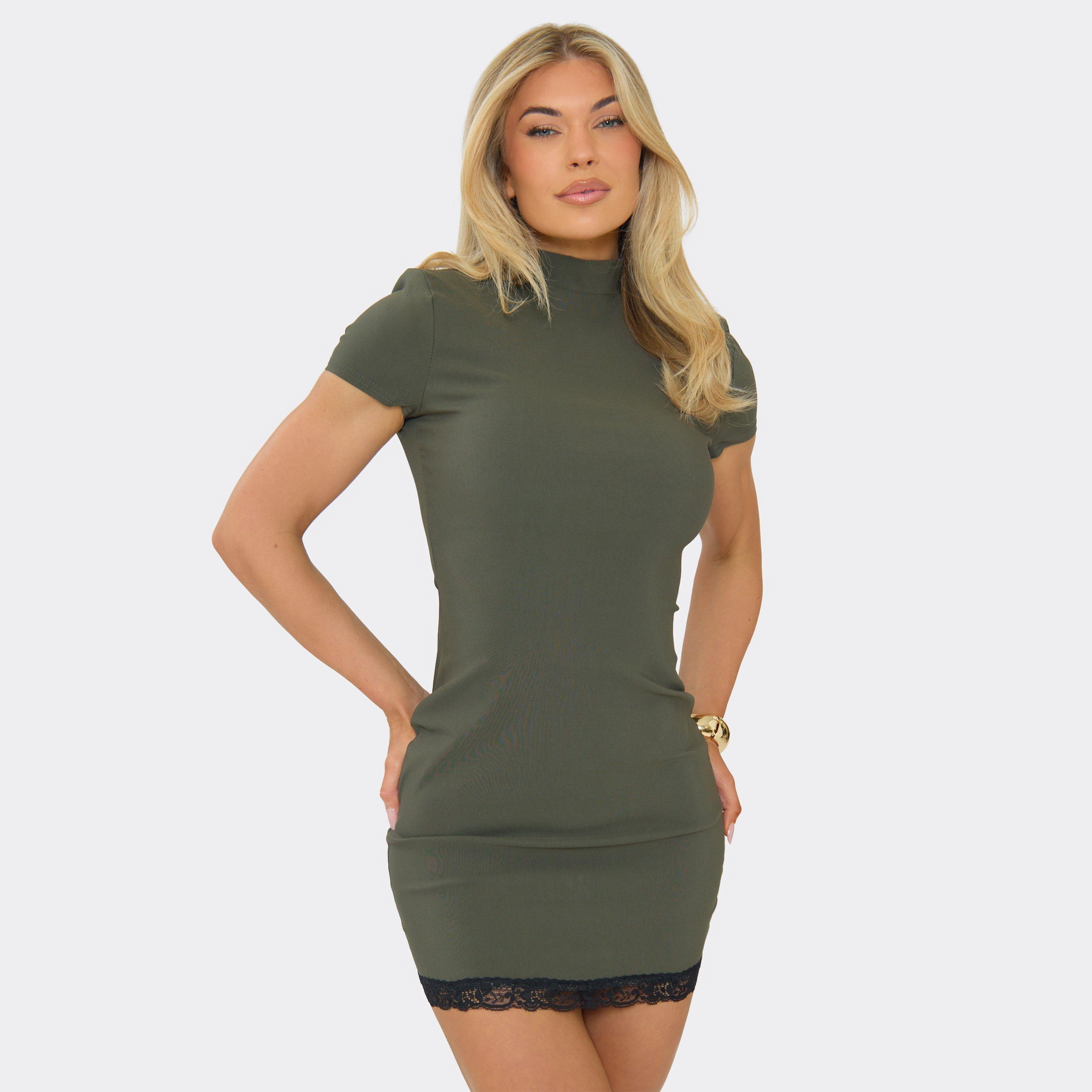 High Neck Lace Hem Mini Dress In Khaki, Women’s
