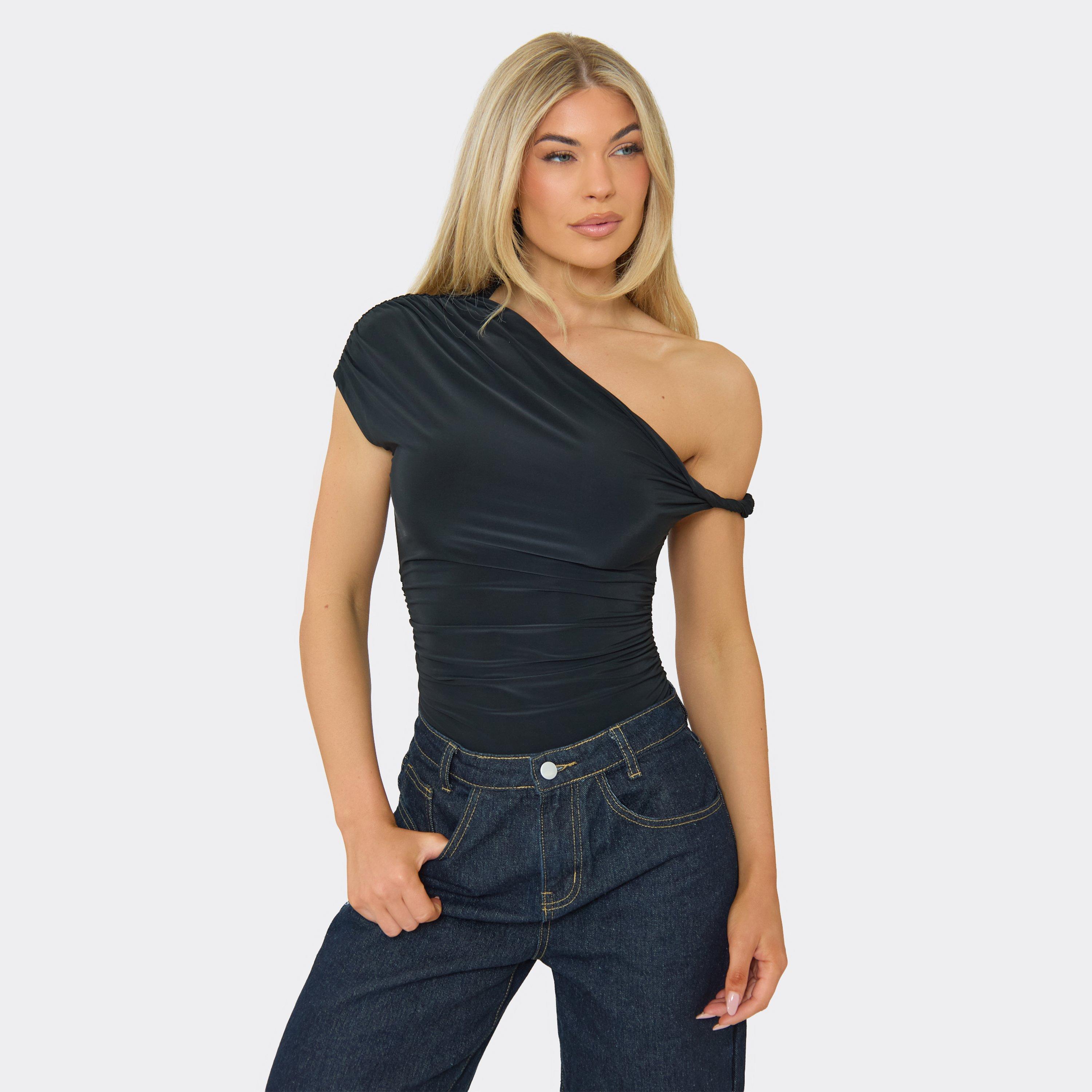 Asymmetric Twist Detail Bodysuit In Black, Women’s