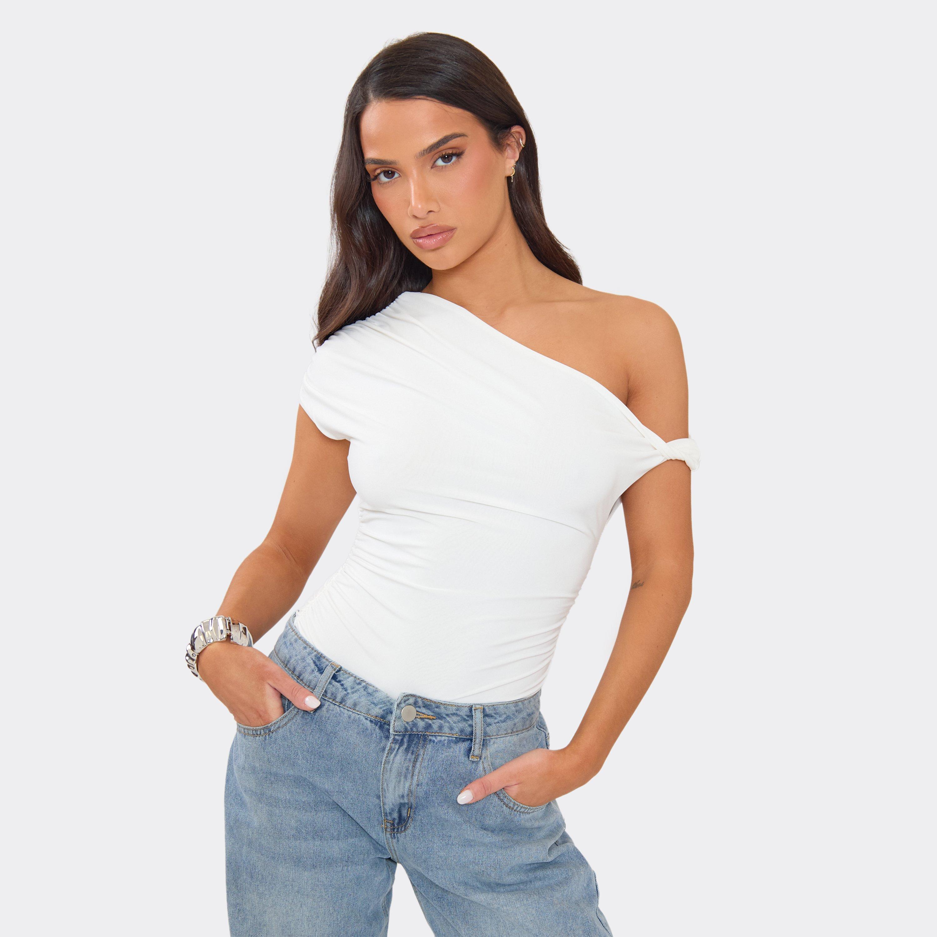 Asymmetric Twist Detail Bodysuit In White, Women's Size UK 12