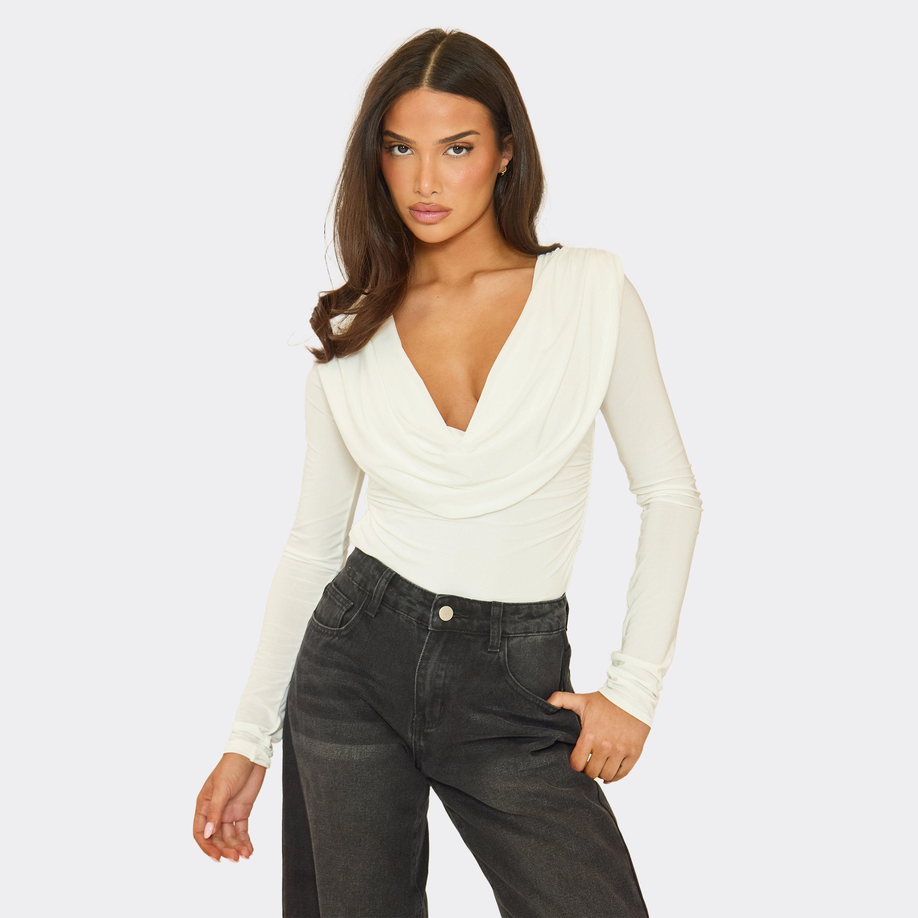 Long Sleeve Shoulder Pad Cowl Detail Bodysuit In White Slinky, Women’s