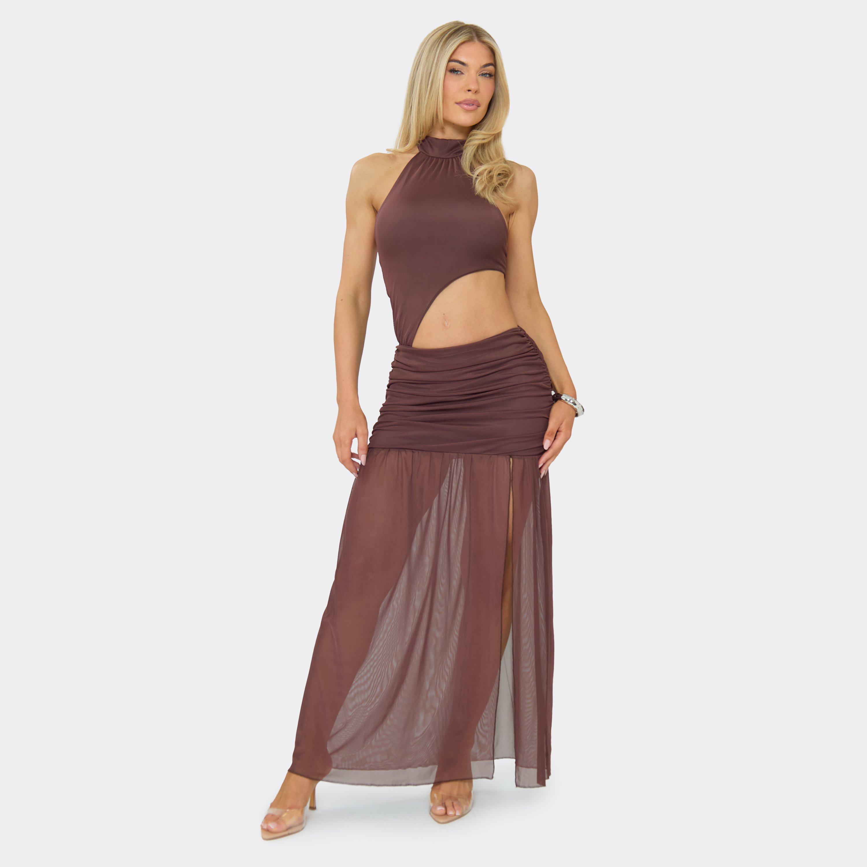 High Neck Cut Out Front Ruched Split Leg Maxi Dress In Chocolate Brown, Women's Size UK 10