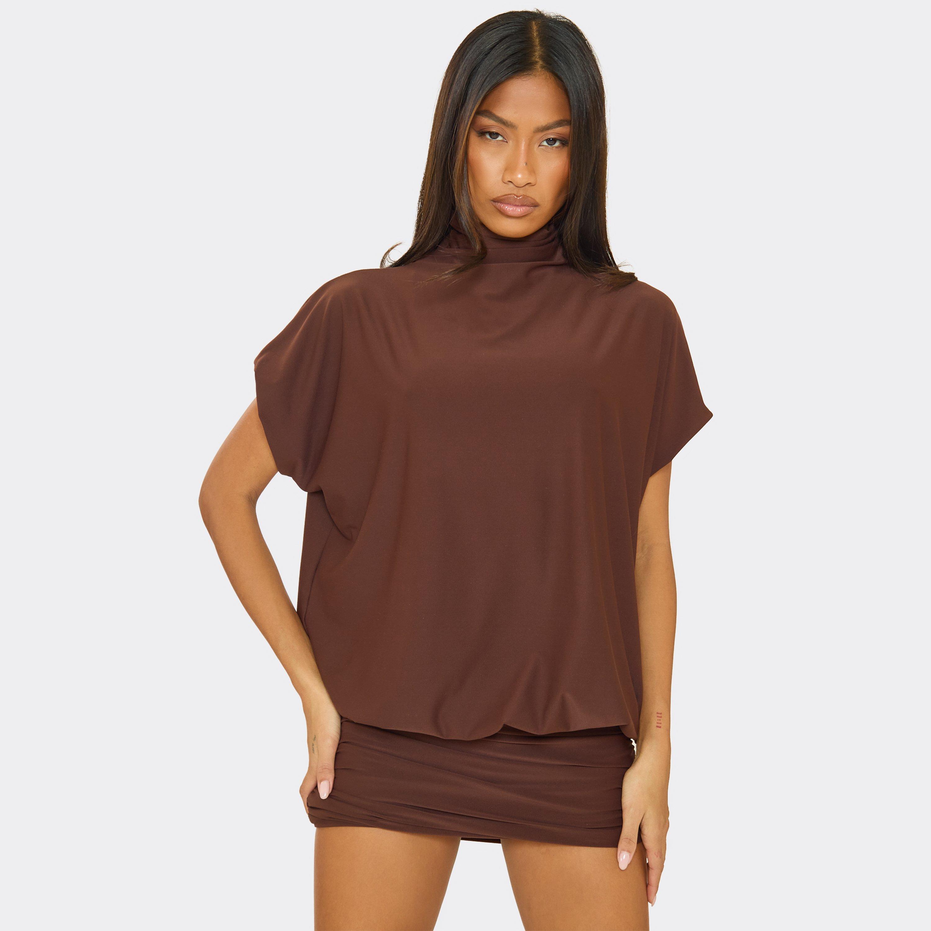 High Neck Short Sleeve Blouson Detail Mini Dress In Chocolate Brown, Women’s