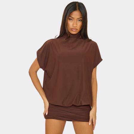 High Neck Short Sleeve Blouson Detail Mini Dress In Chocolate Brown, Women's Size US