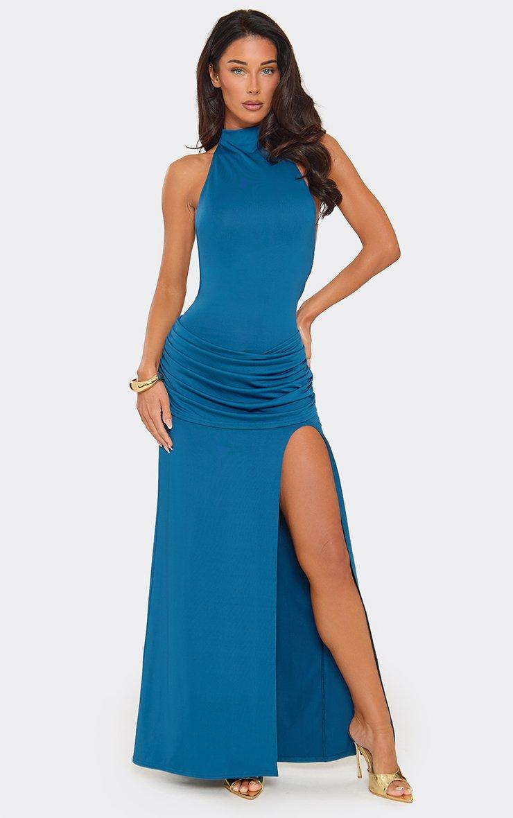 Racer Neck Draped Front Ruched Detail Maxi Dress In Blue.