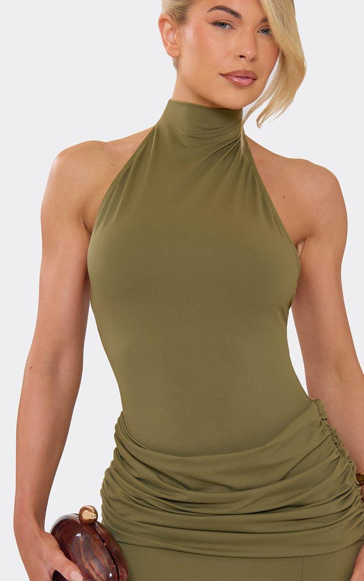 Racer Neck Draped Ruched Detail Maxi Dress In Khaki Green | EGO EU | EGO