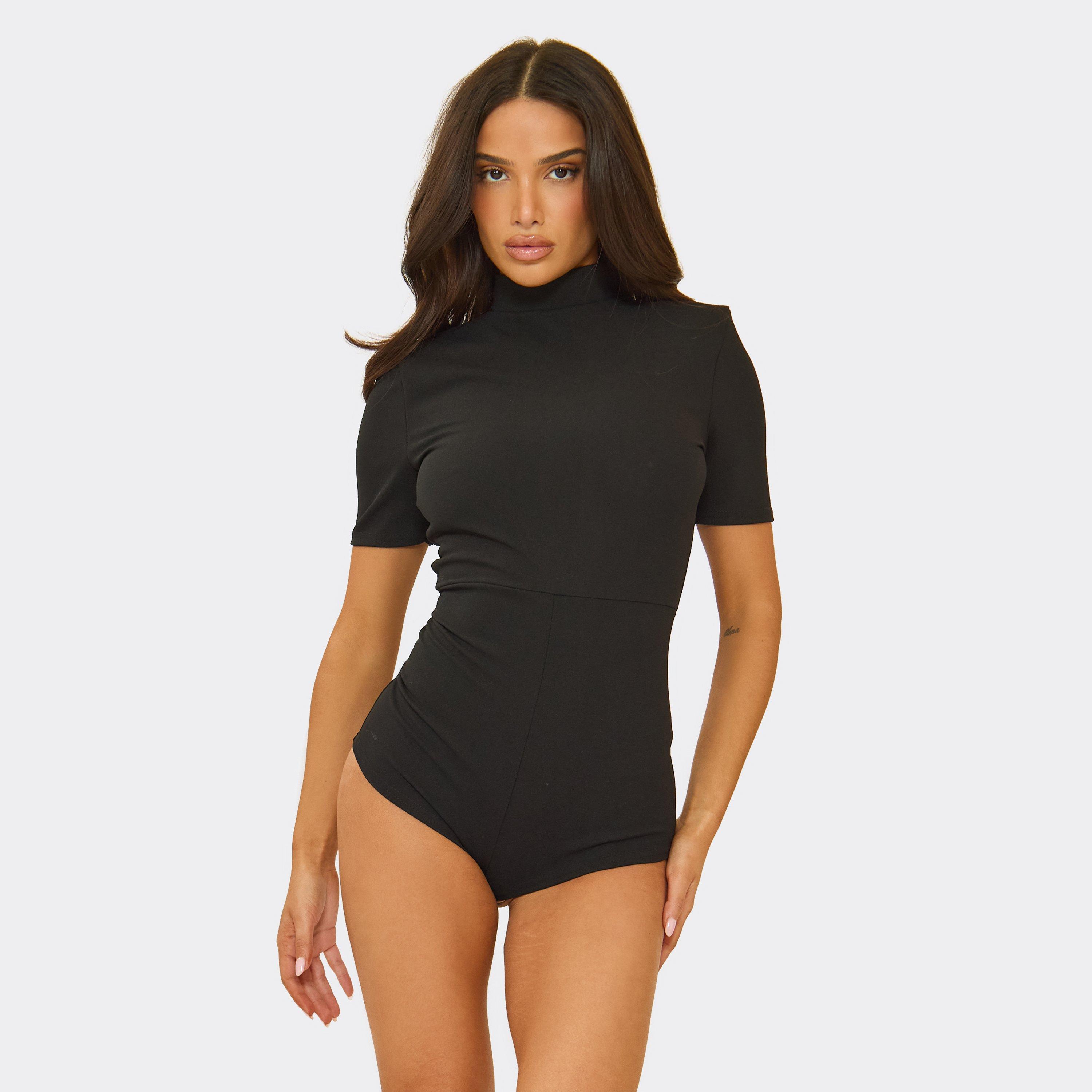 High Neck Shoulder Pad Detail Micro Playsuit In Black, Women's Size UK 8