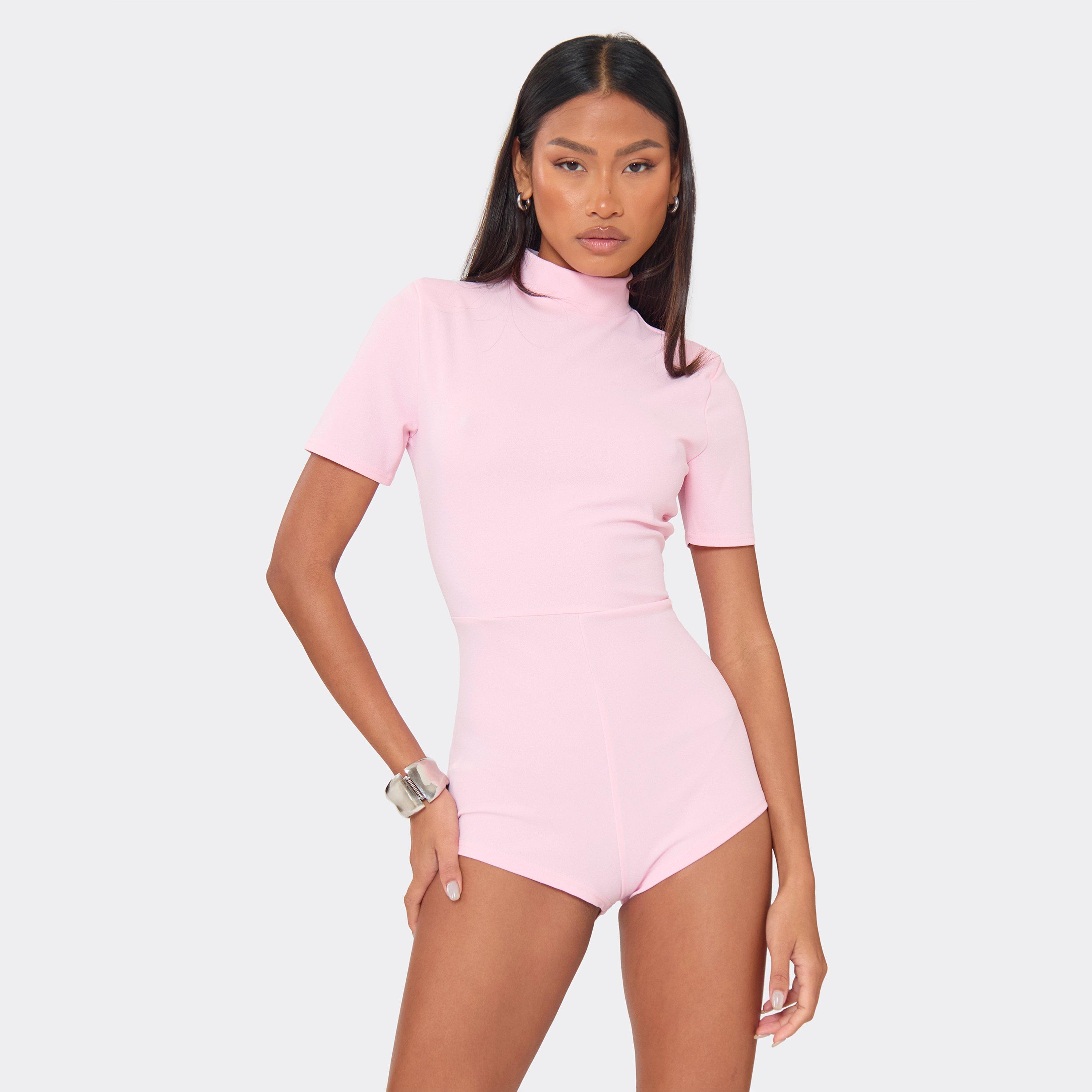 High Neck Shoulder Pad Micro Playsuit In Baby Pink, Women's Size UK 6