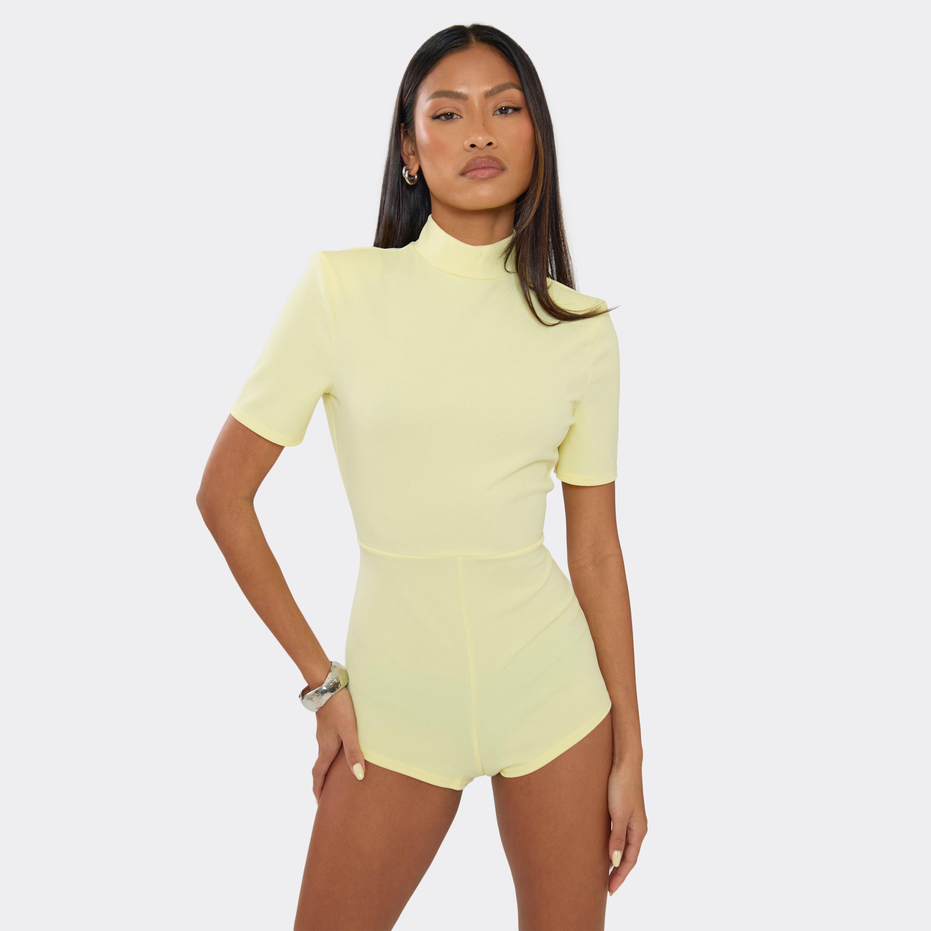 High Neck Shoulder Pad Detail Micro Playsuit In Yellow, Women's Size UK 10