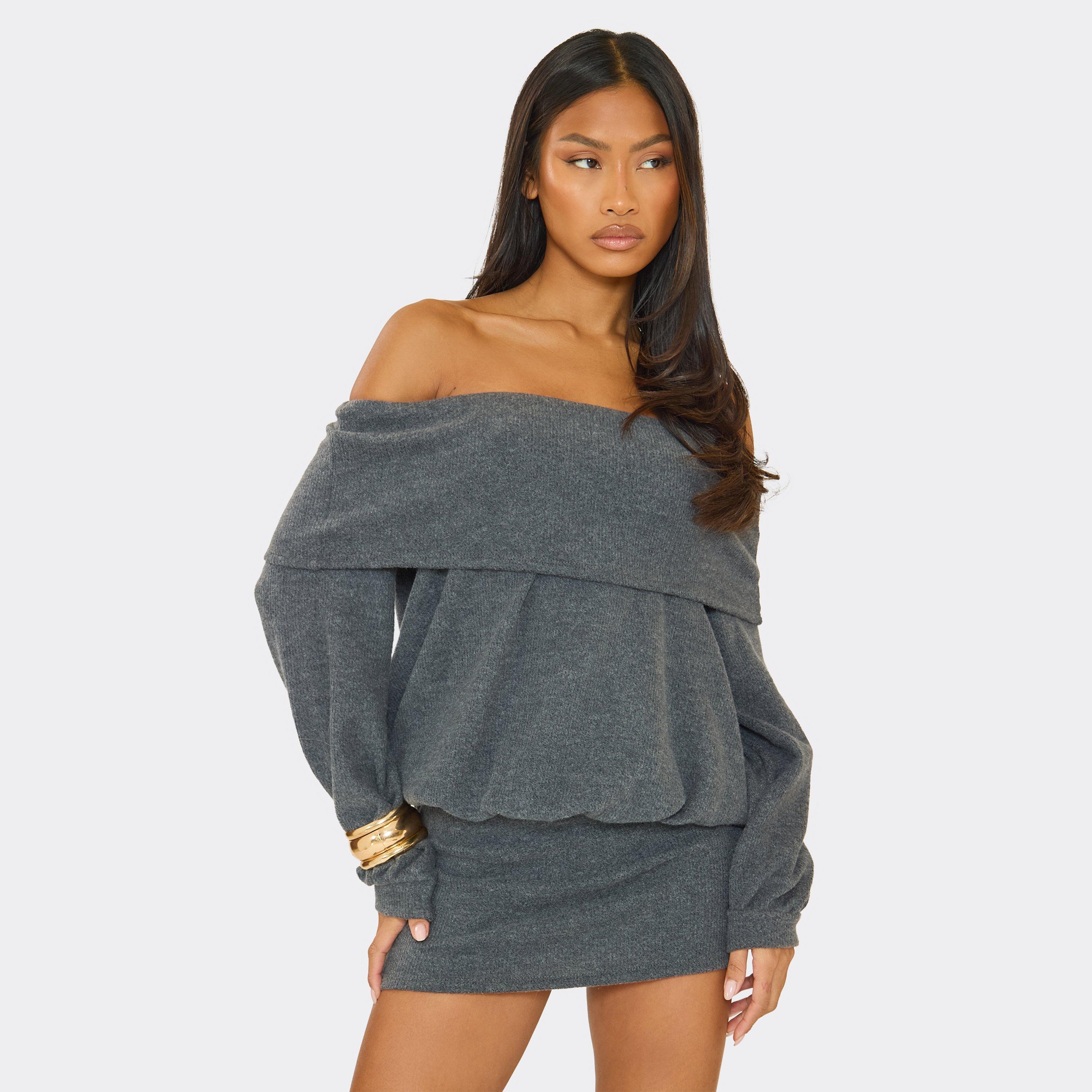 Bardot Fold Over Blouson Detail Mini Dress In Grey Rib, Women’s