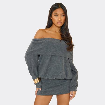 Bardot Fold Over Blouson Detail Mini Dress In Grey Rib, Women's Size US