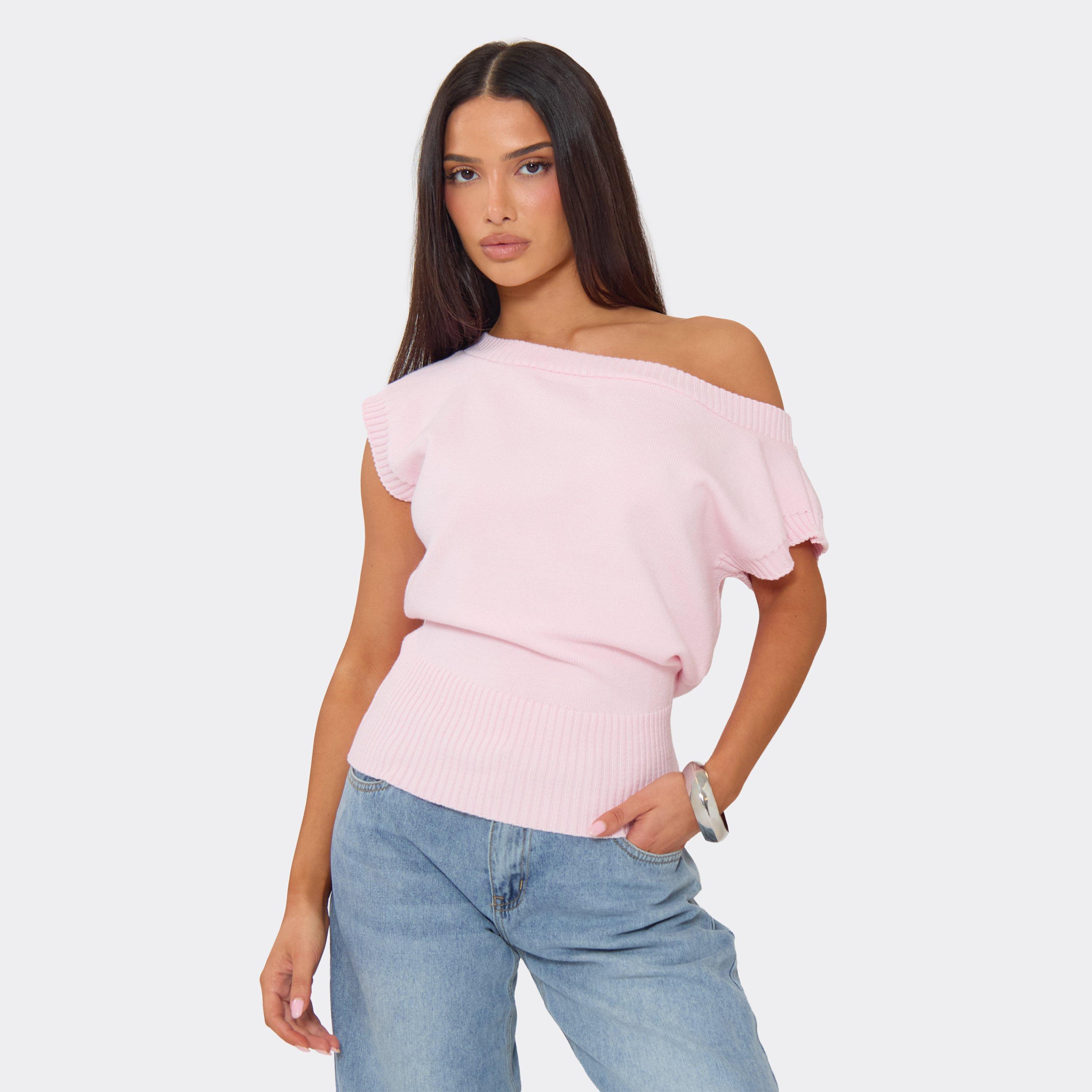 Image of Off The Shoulder Blouson Top In Baby Pink Knit, Women's Size UK M