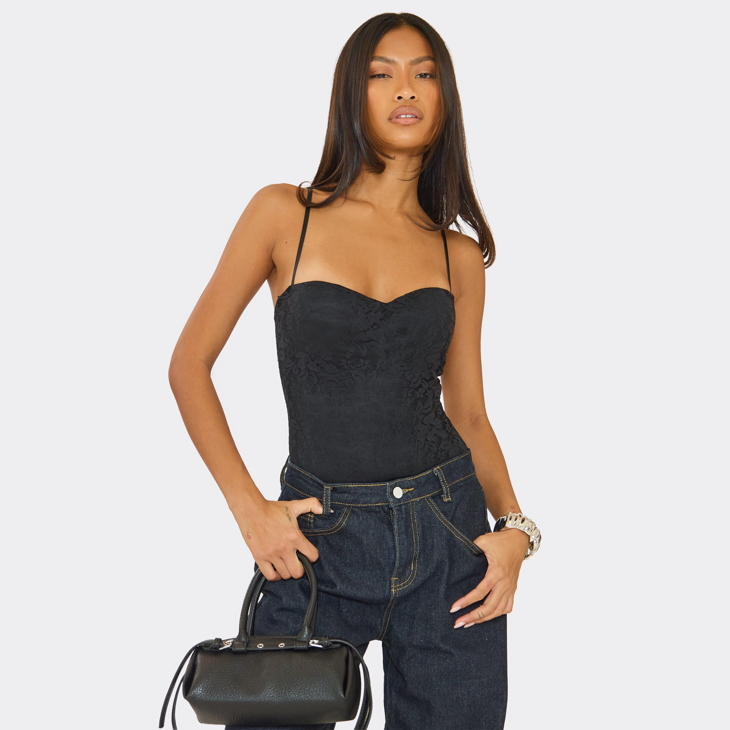 Sweetheart Neckline Bodysuit In Black Lace, Women's Size UK 10