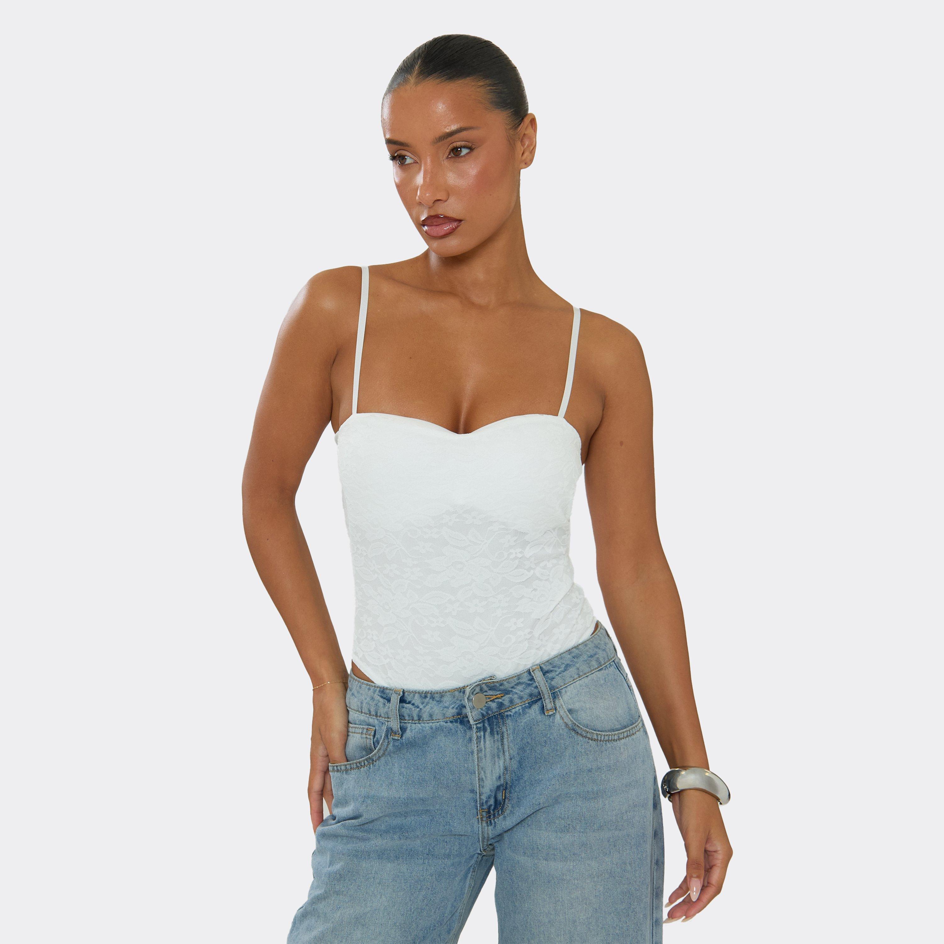 Sweetheart Neckline Bodysuit In White Lace, Women’s