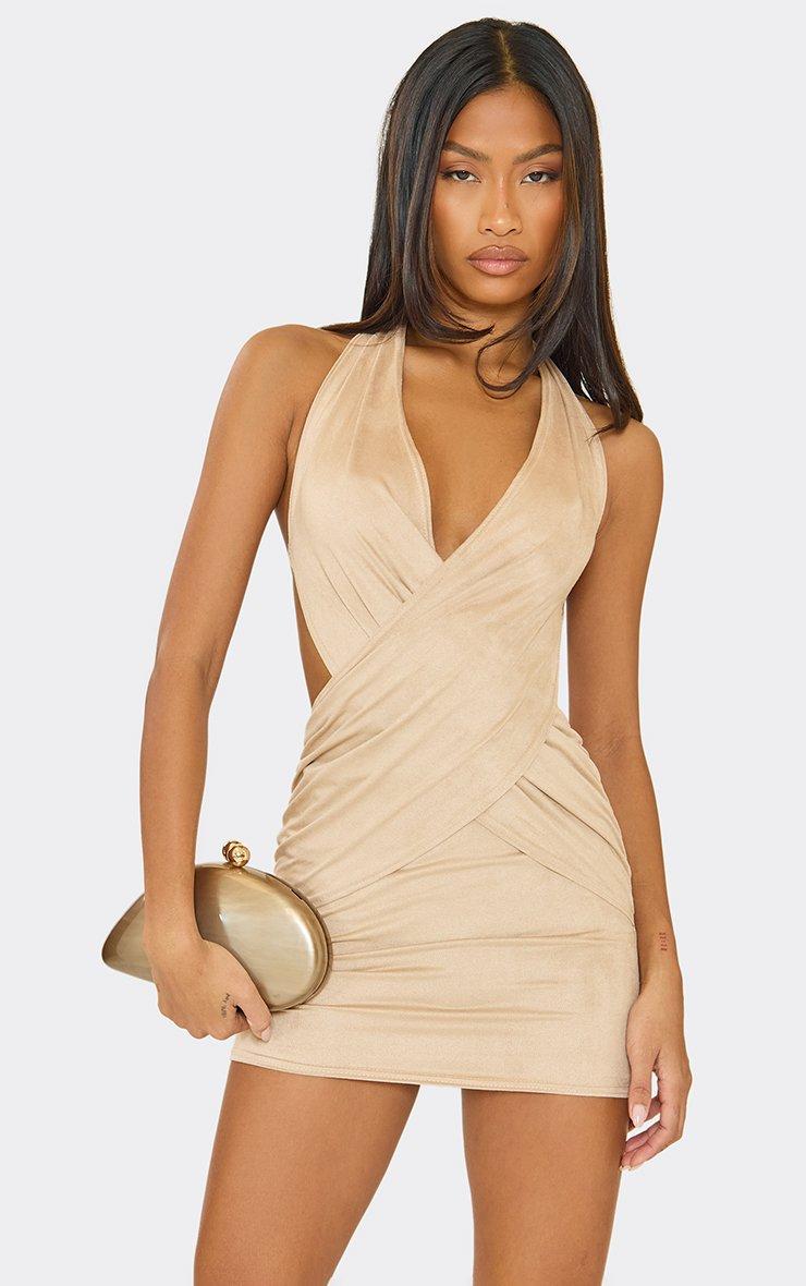 High Neck Slash Front Zip Up Sleeveless Mini Bodycon Dress In