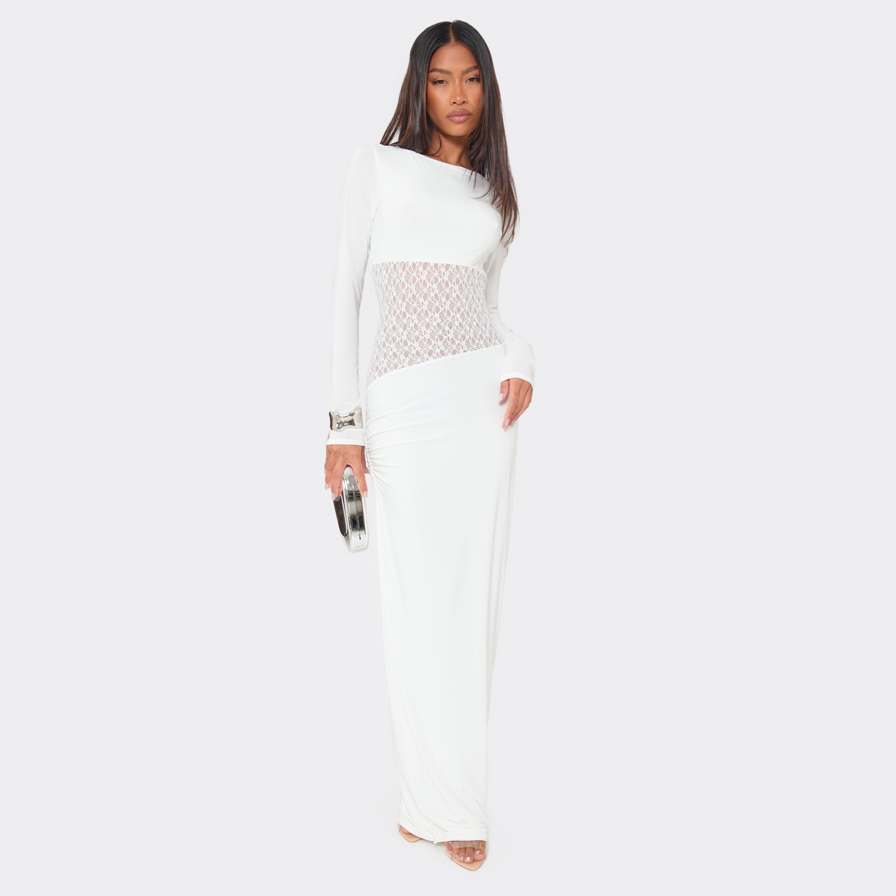Long Sleeve Contrast Lace Detail Maxi Dress In White Slinky, Women's Size UK 8