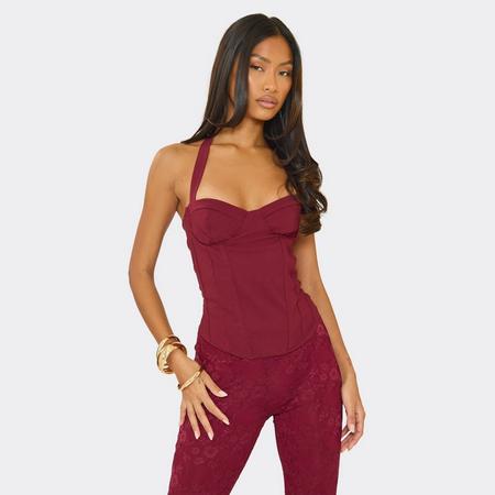 Halter Neck Corset Cup Detail Top In Burgundy, Women's Size US