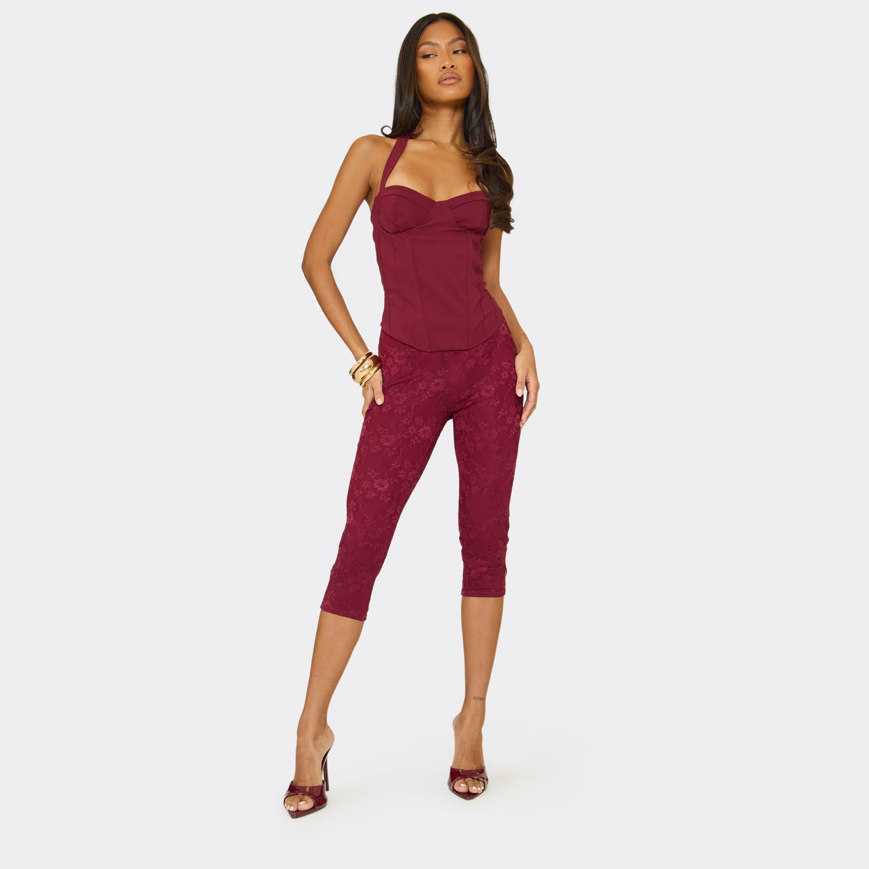 Mid Rise Capri Trousers In Burgundy Lace, Women's Size UK 8