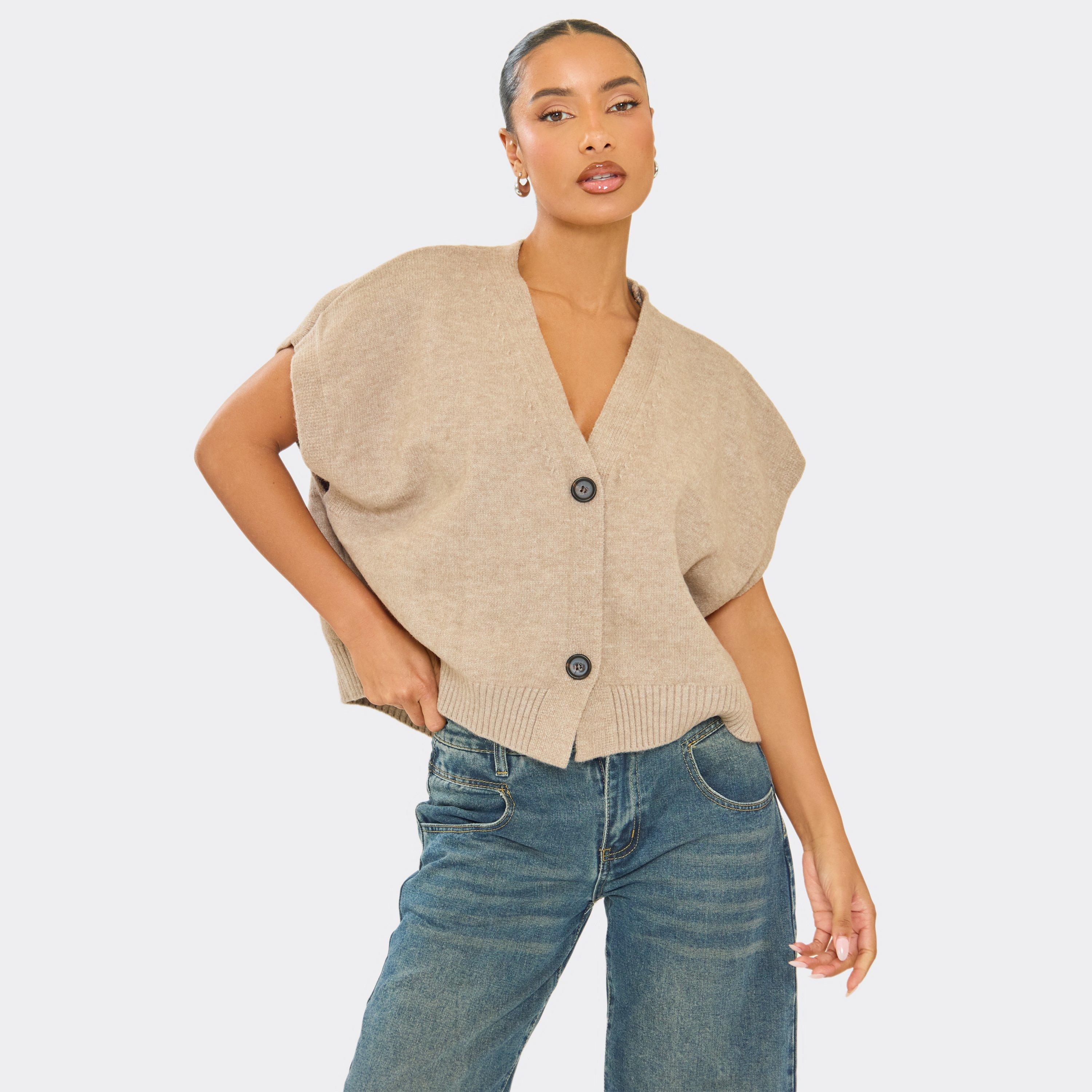 Image of V Neck Cape Sleeve Button Down Top In Stone Knit, Women's Size UK One Size