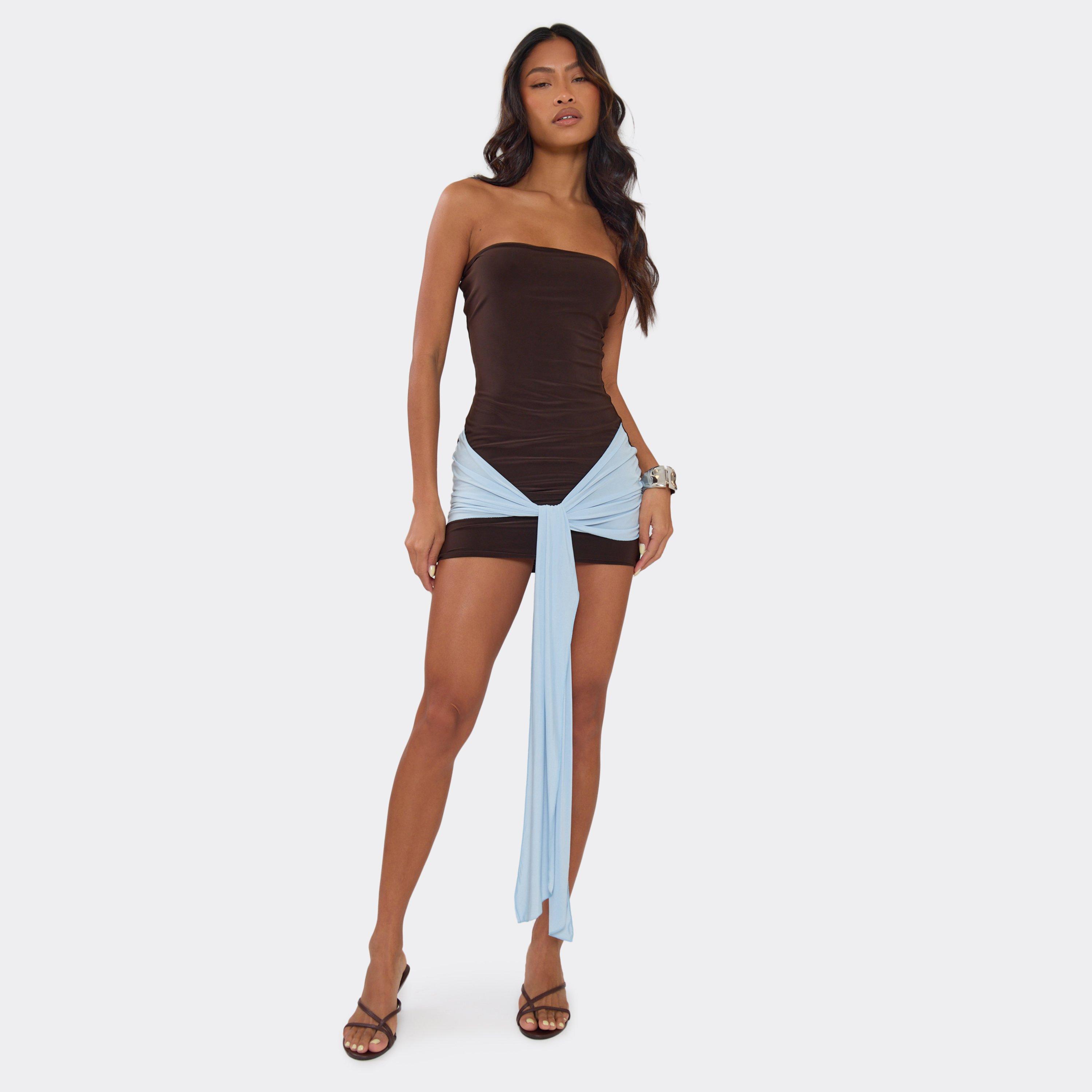 Bandeau Contrast Tie Drape Mini Dress In Chocolate Brown, Women’s