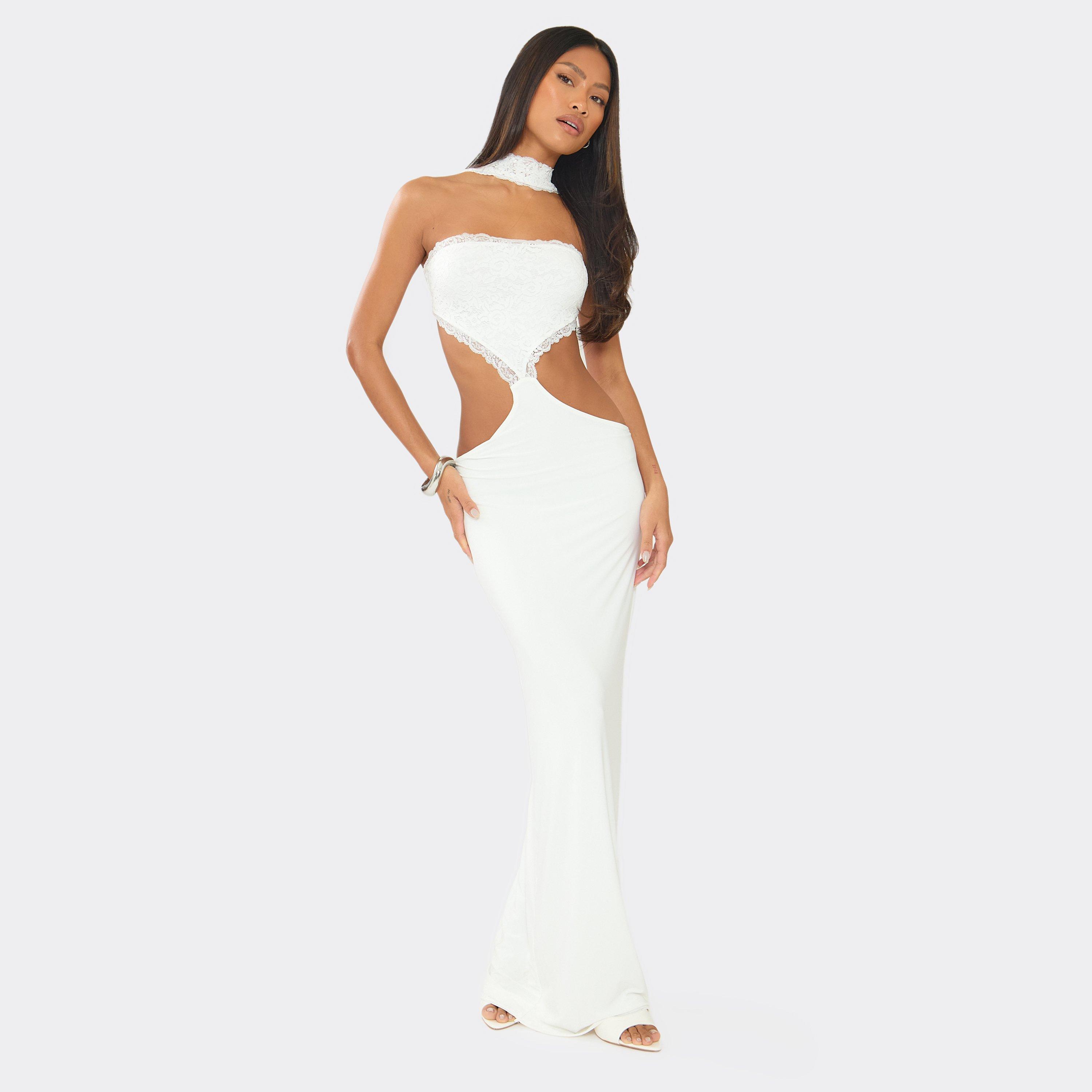 Bandeau Lace Trim Choker Detail Cut Out Maxi Dress In White, Women's Size UK 4