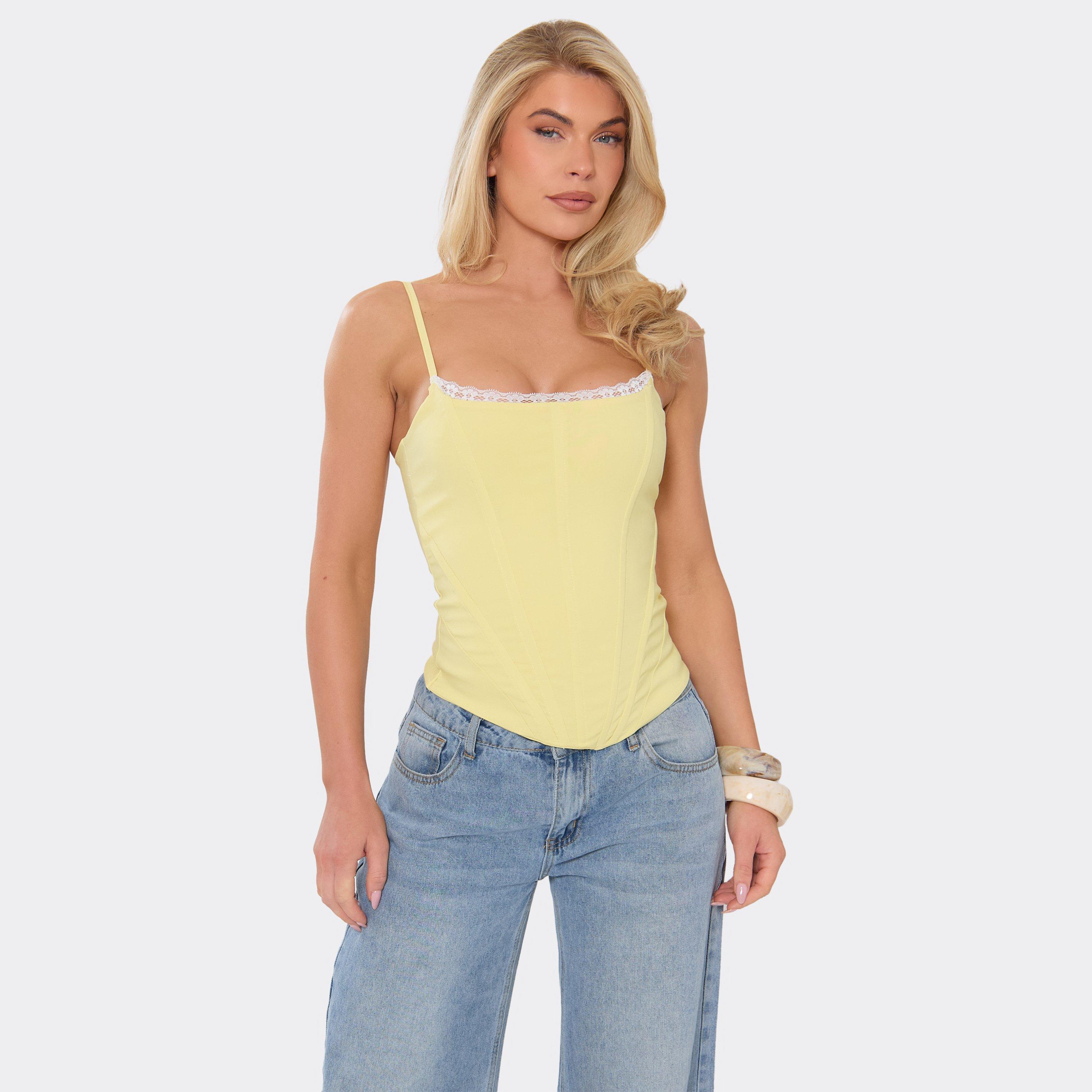Strappy Lace Trim Curved Hem Corset Top In Lemon, Women’s
