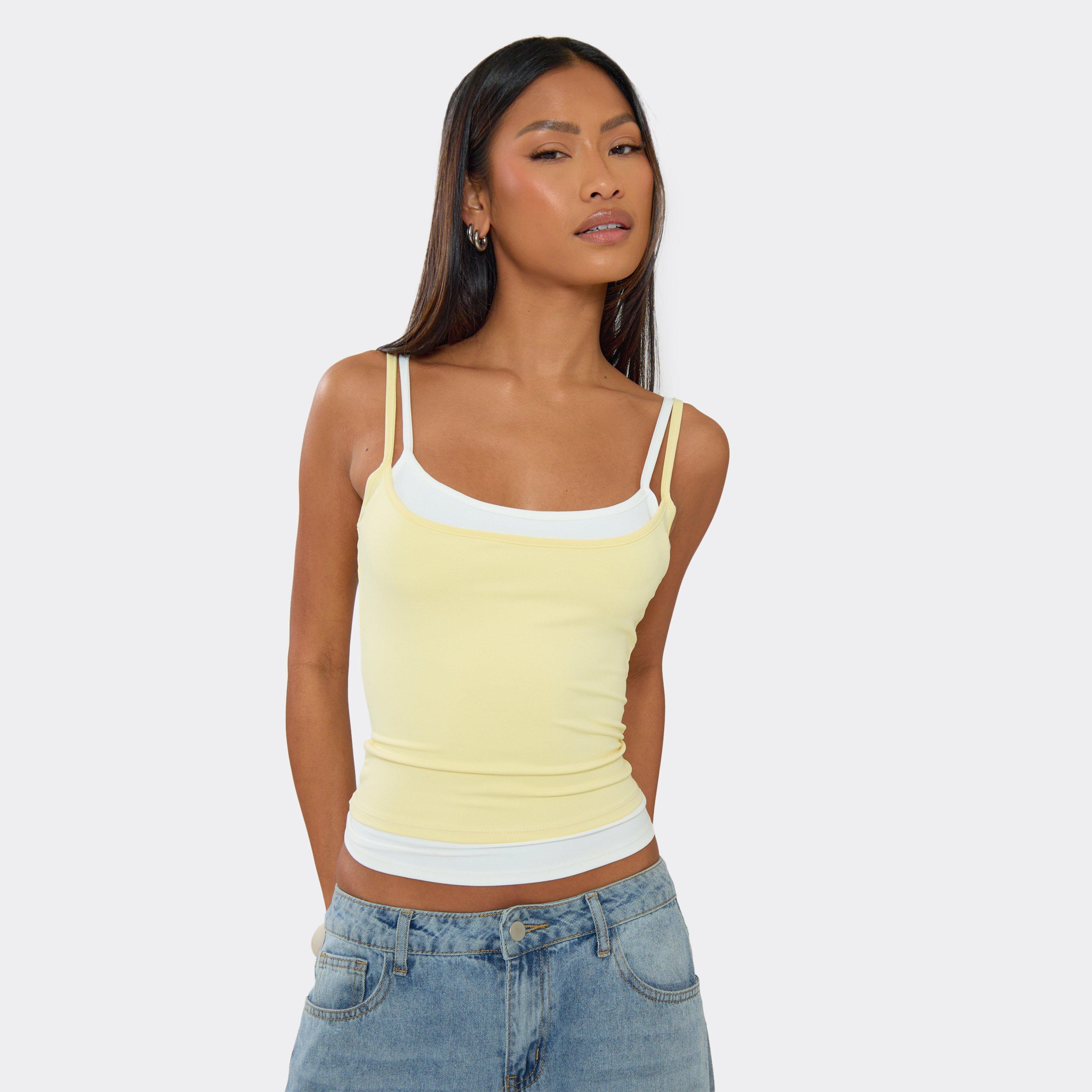 Strappy Double Layer Vest Top In Lemon, Women's Size UK 6