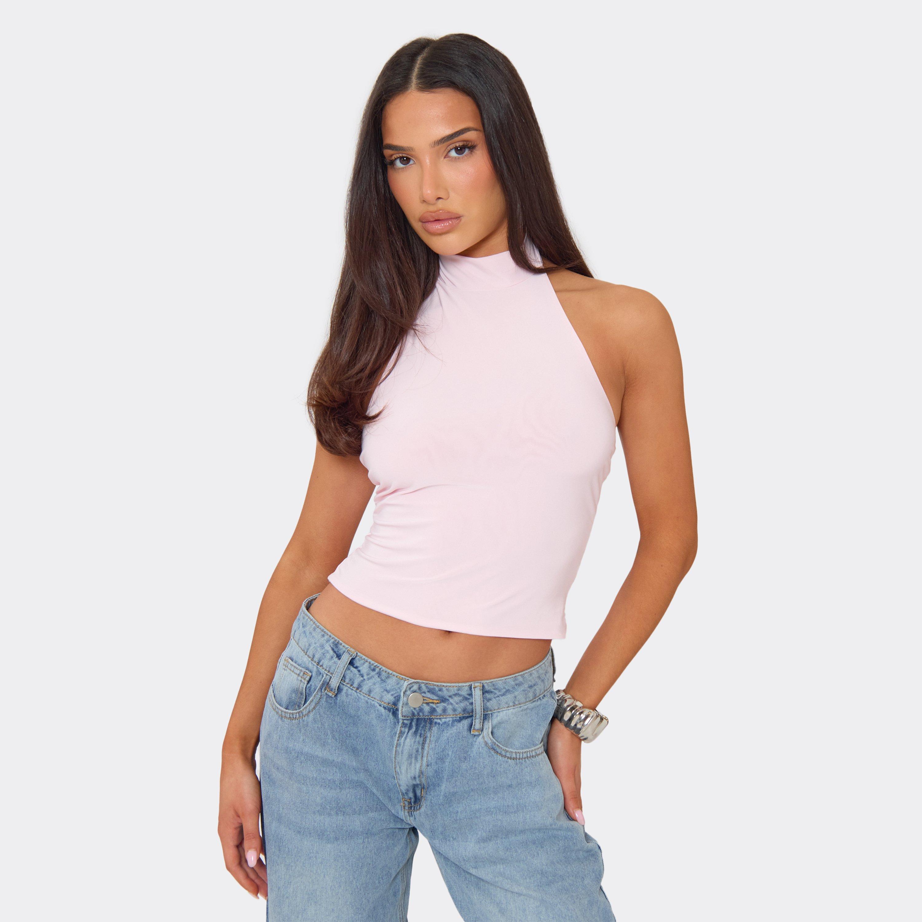 Halter Neck Open Back Detail Top In Baby Pink Slinky, Women's Size UK 6