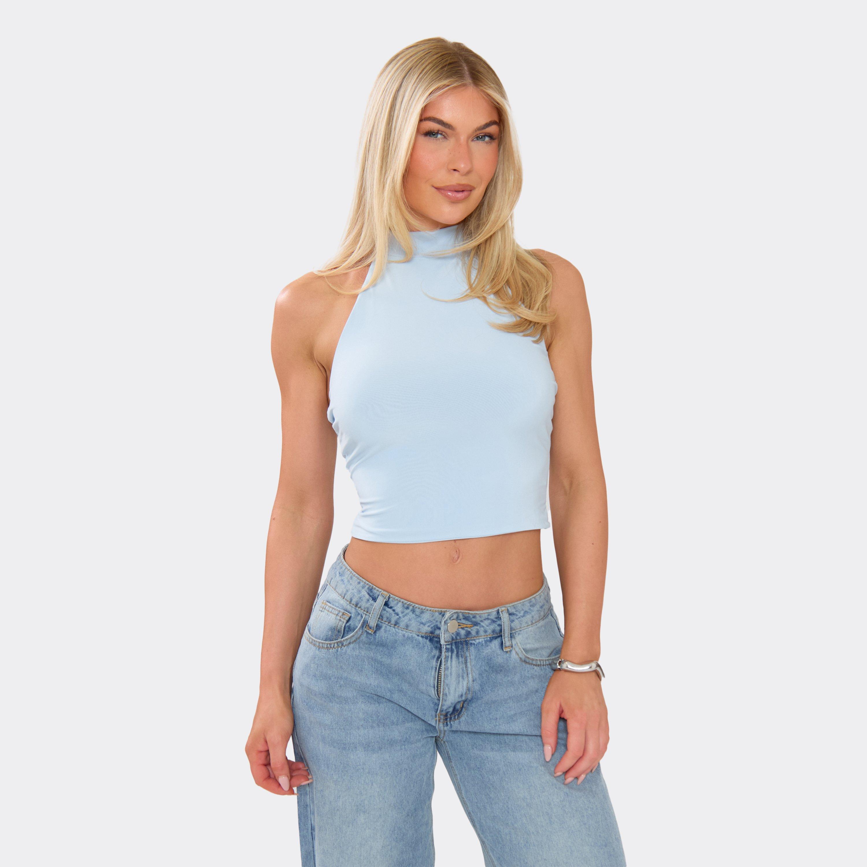 Image of Halter Neck Open Back Cropped Top In Blue Slinky, Women's