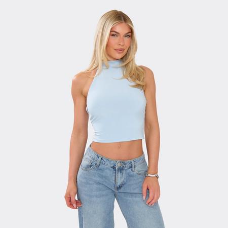 Halter Neck Open Back Cropped Top In Blue Slinky, Women's Size US