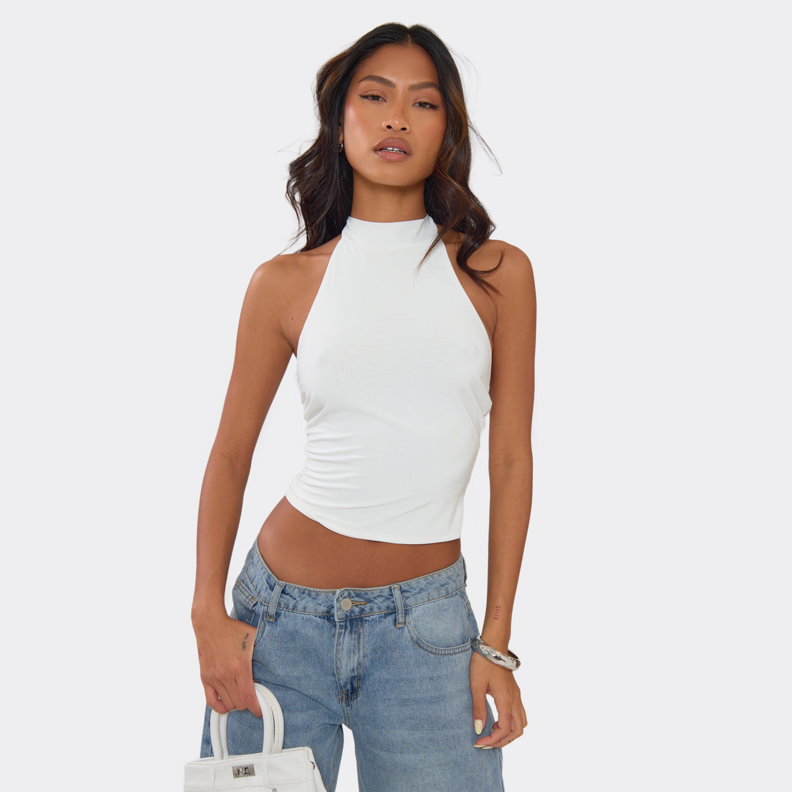 Halterneck Open Back Detail Top In White Slinky, Women's Size UK 14