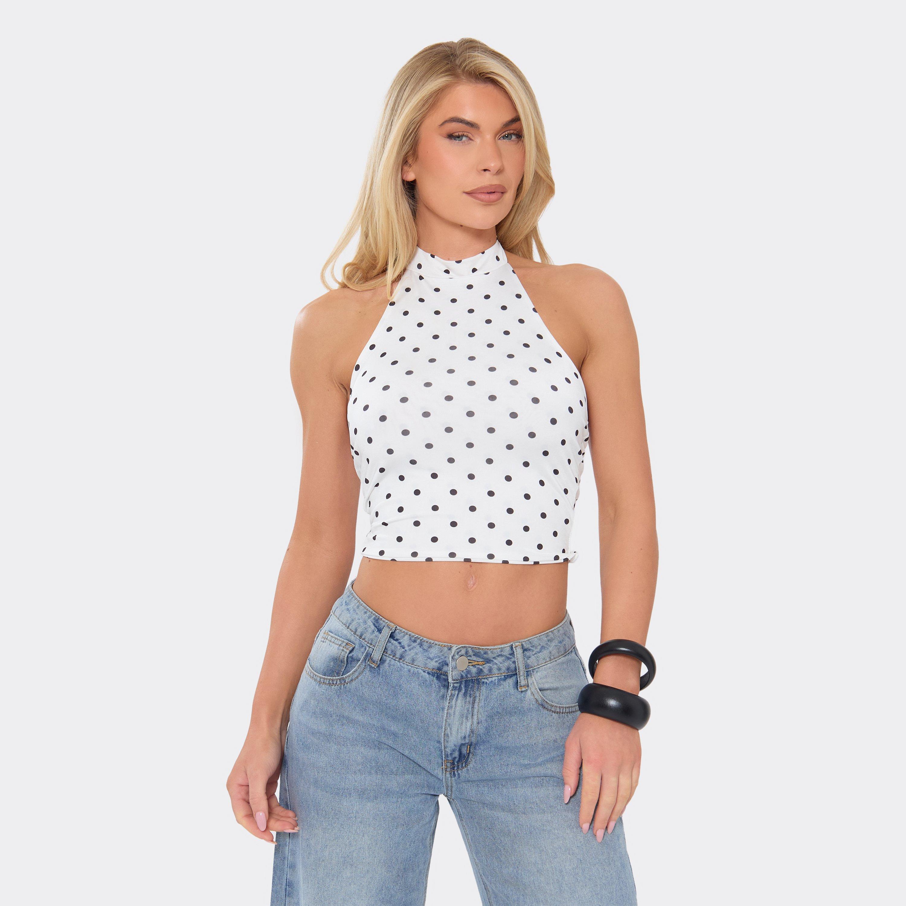 Image of Halter Neck Open Back Cropped Top In White Polka Dot Slinky, Women's