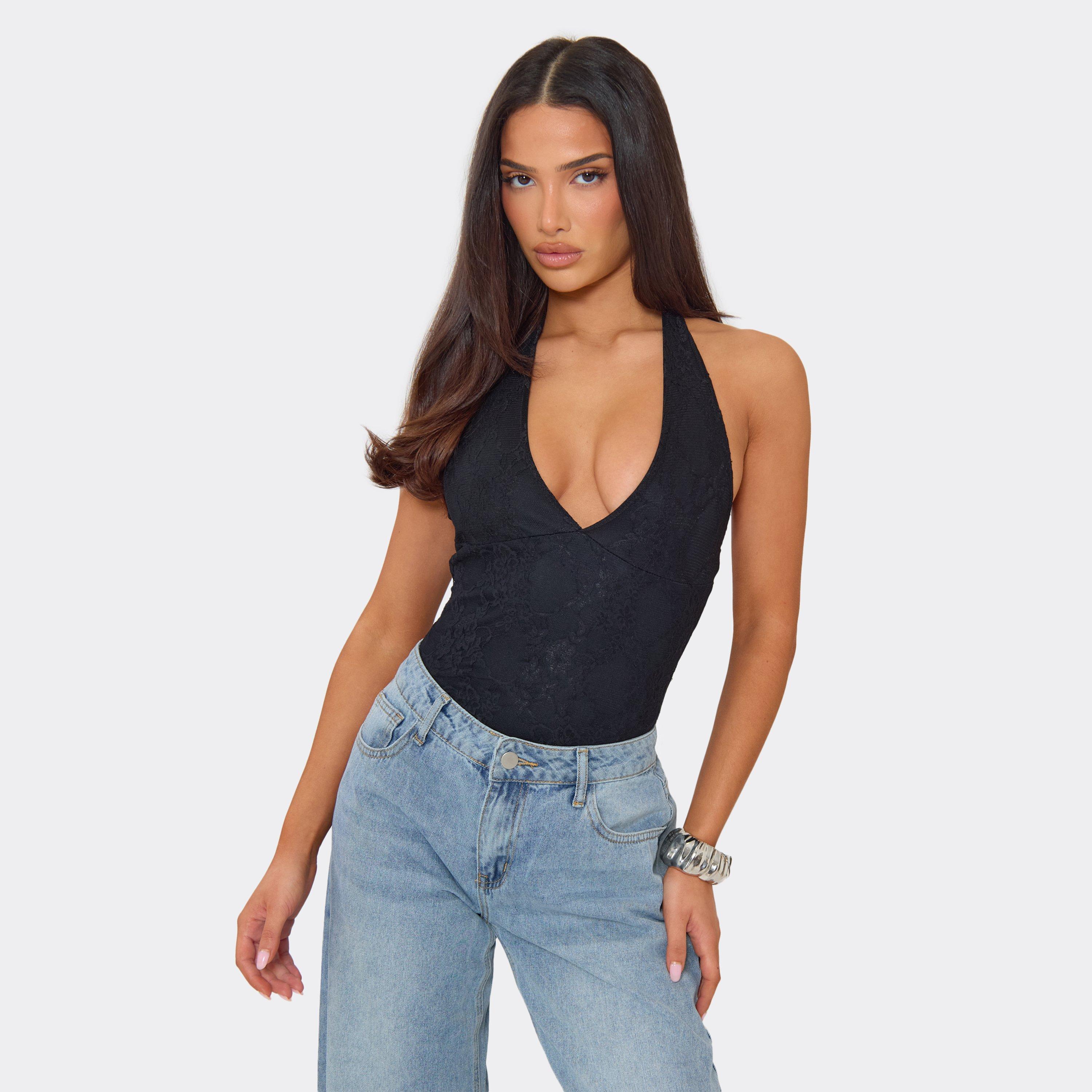 Plunge Neck Bodysuit In Black Lace, Women's Size UK 6