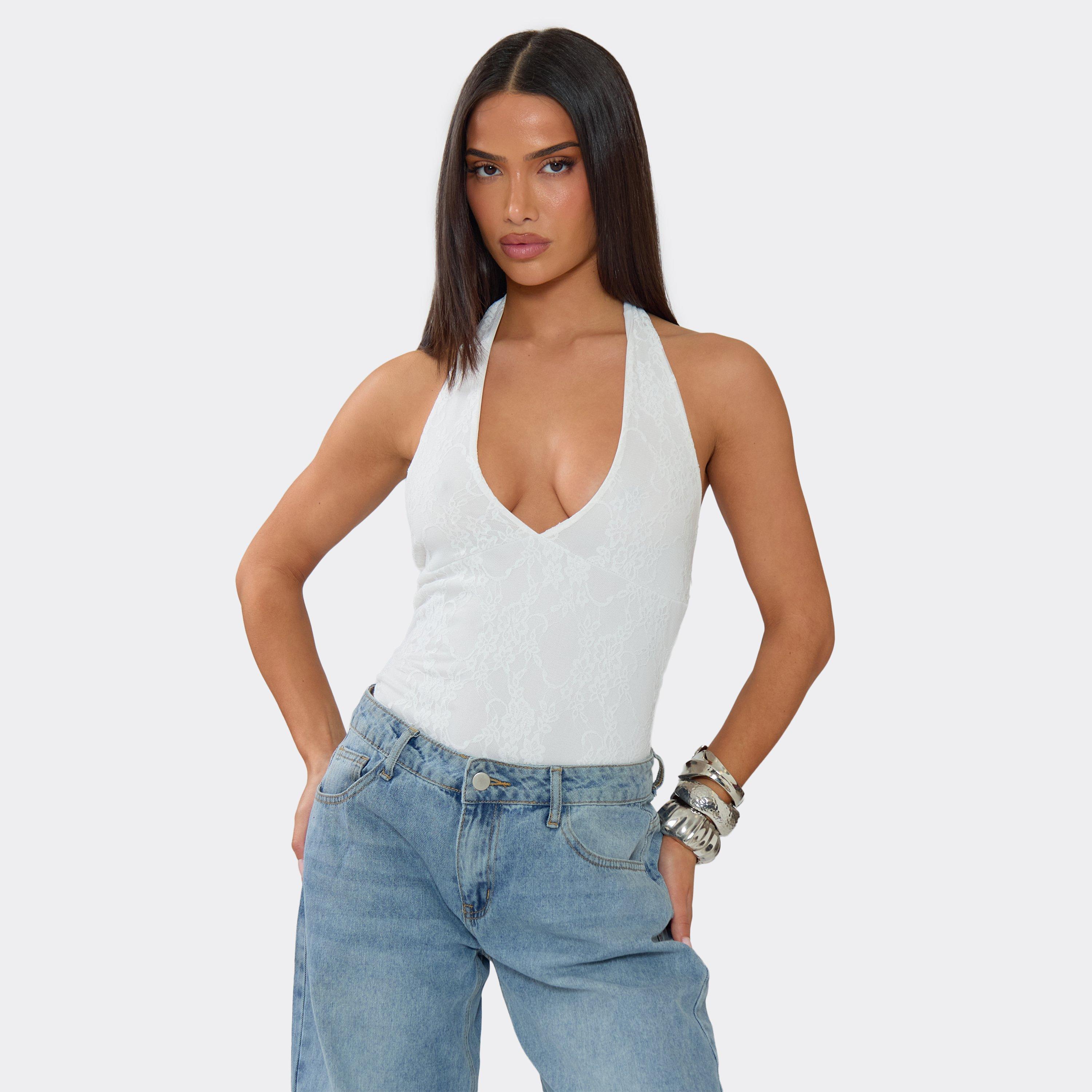 Plunge Neck Bodysuit In White Lace, Women's Size UK 14