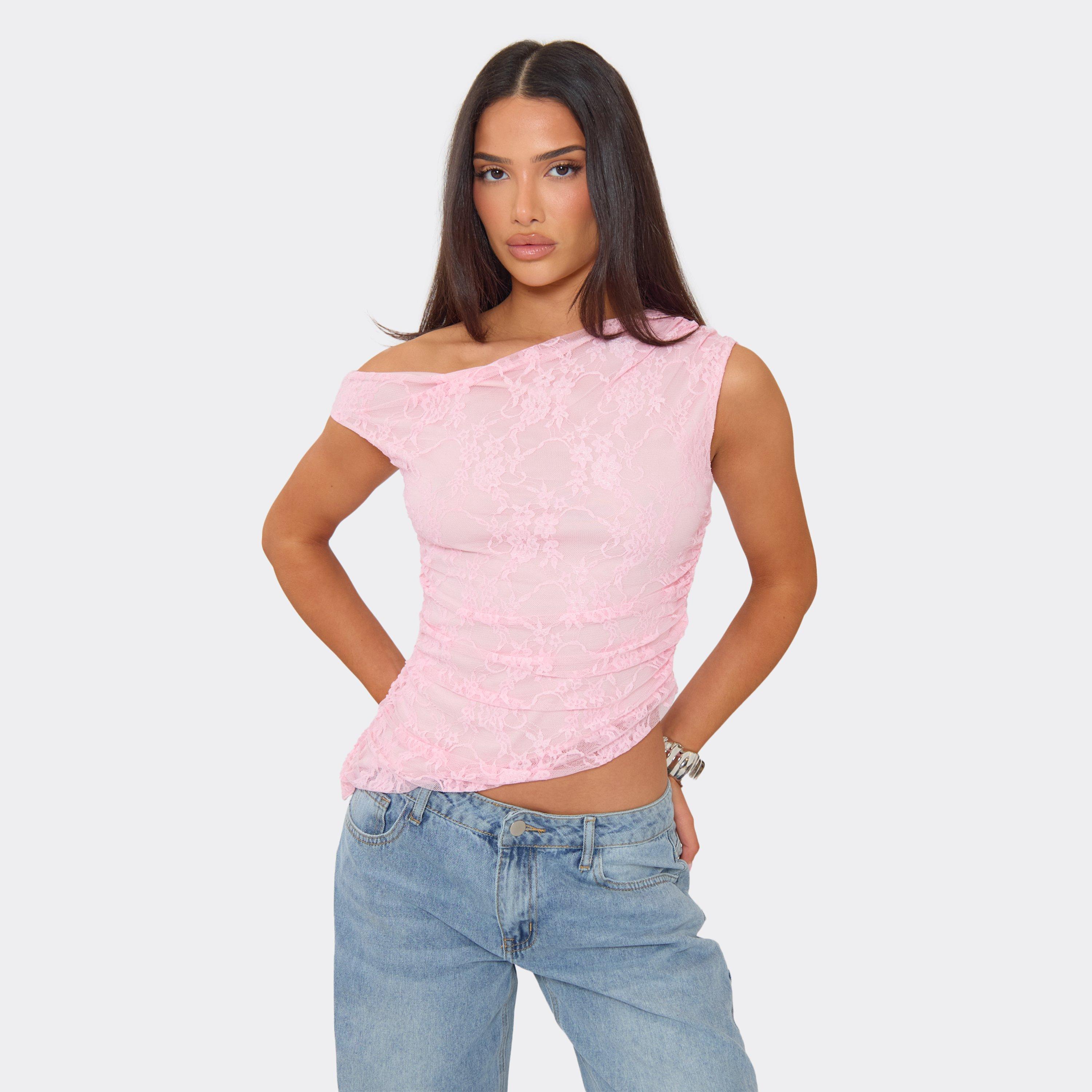 One Shoulder Asymmetric Hem Top In Pink Lace, Women's Size UK 6