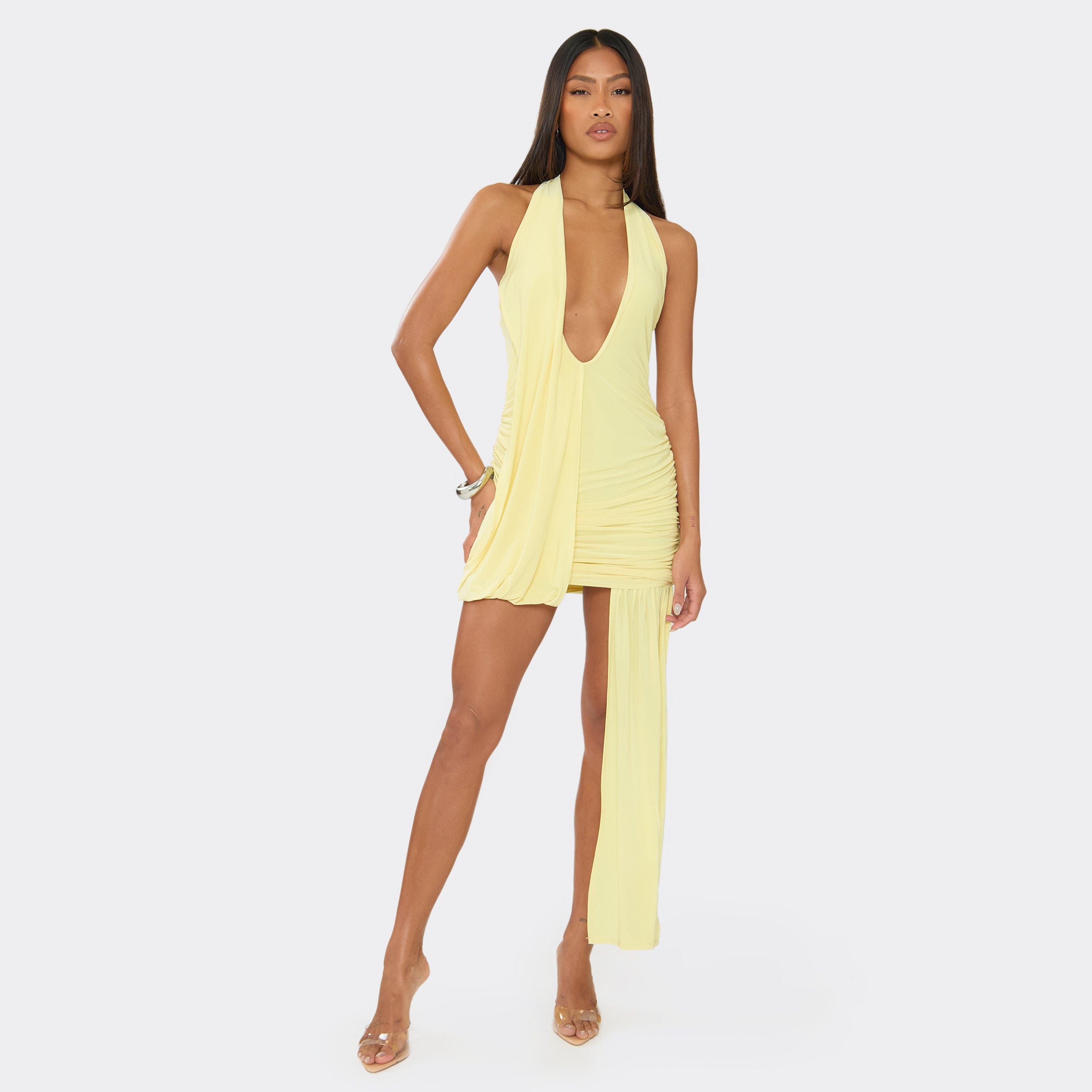 Plunge Front Drape Detail Ruched Mini Dress In Lemon Yellow, Women's Size UK 10