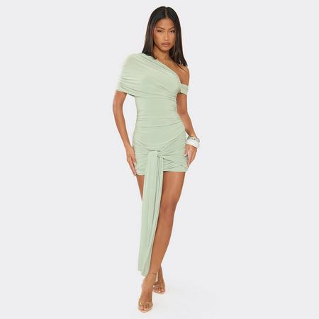 One Shoulder Drape Front Mini Dress In Sage Green Slinky, Women's Size US