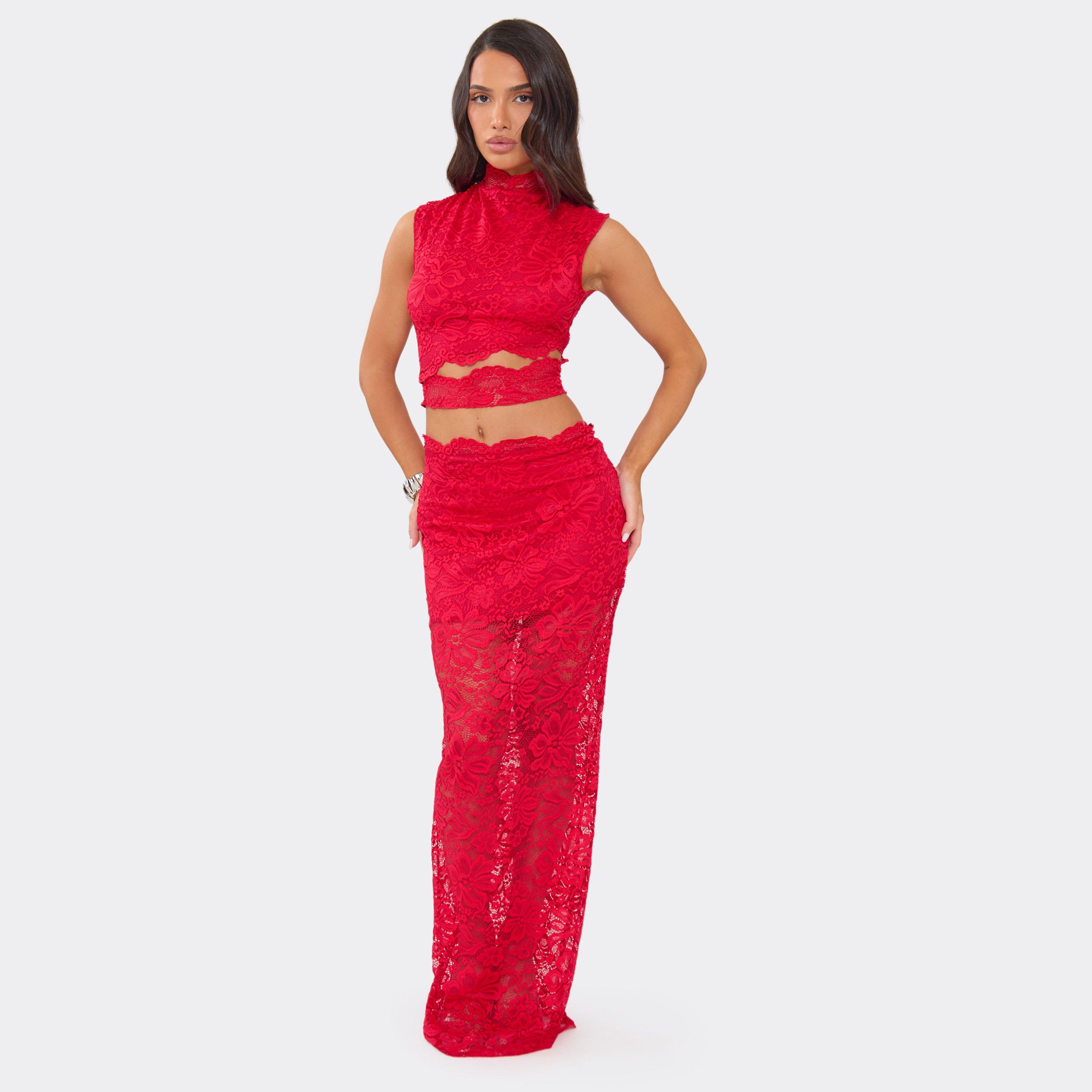 Mid Rise Maxi Skirt In Red Lace, Women's Size UK 6