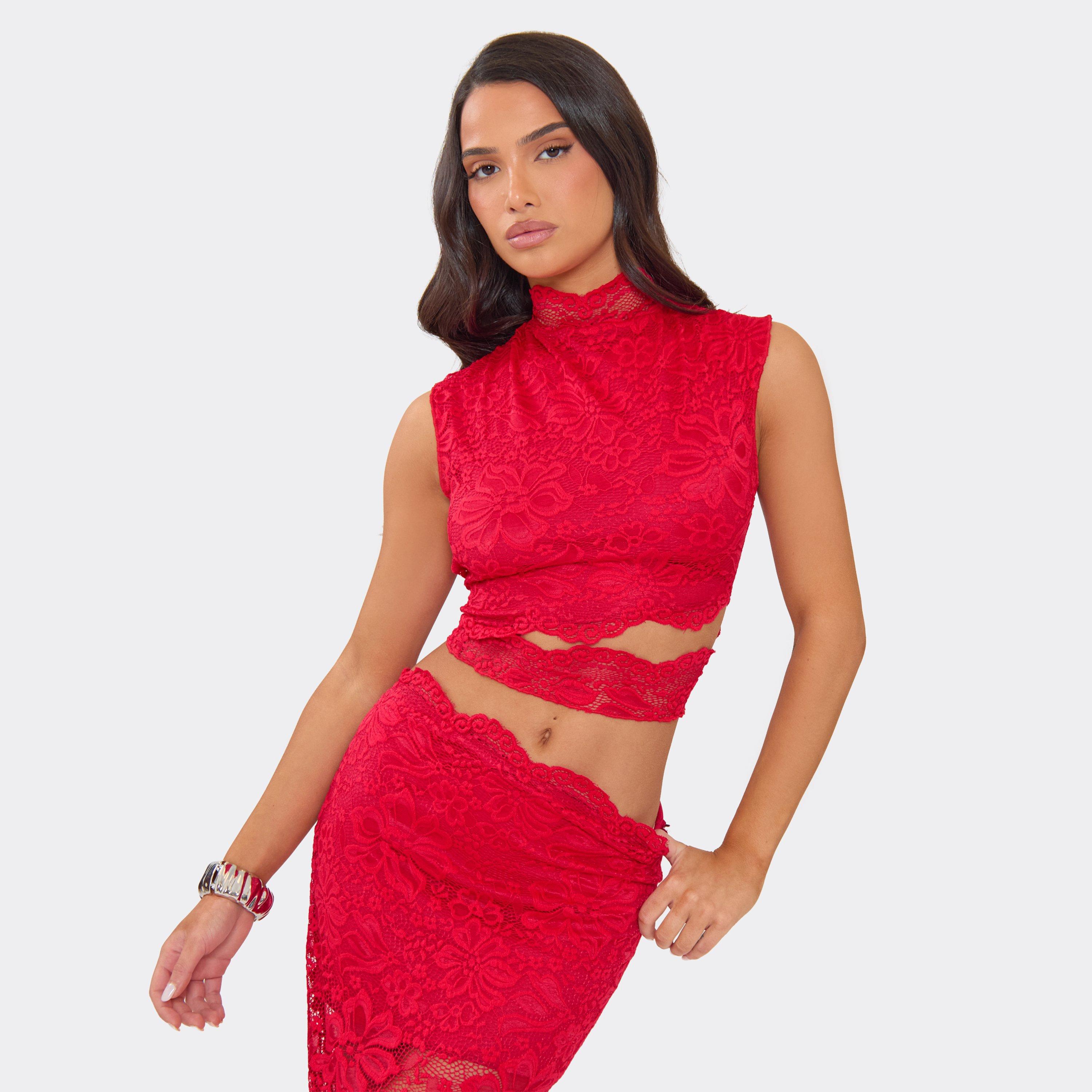 High Neck Cut Out Detail Top In Red Lace, Women's Size UK 12